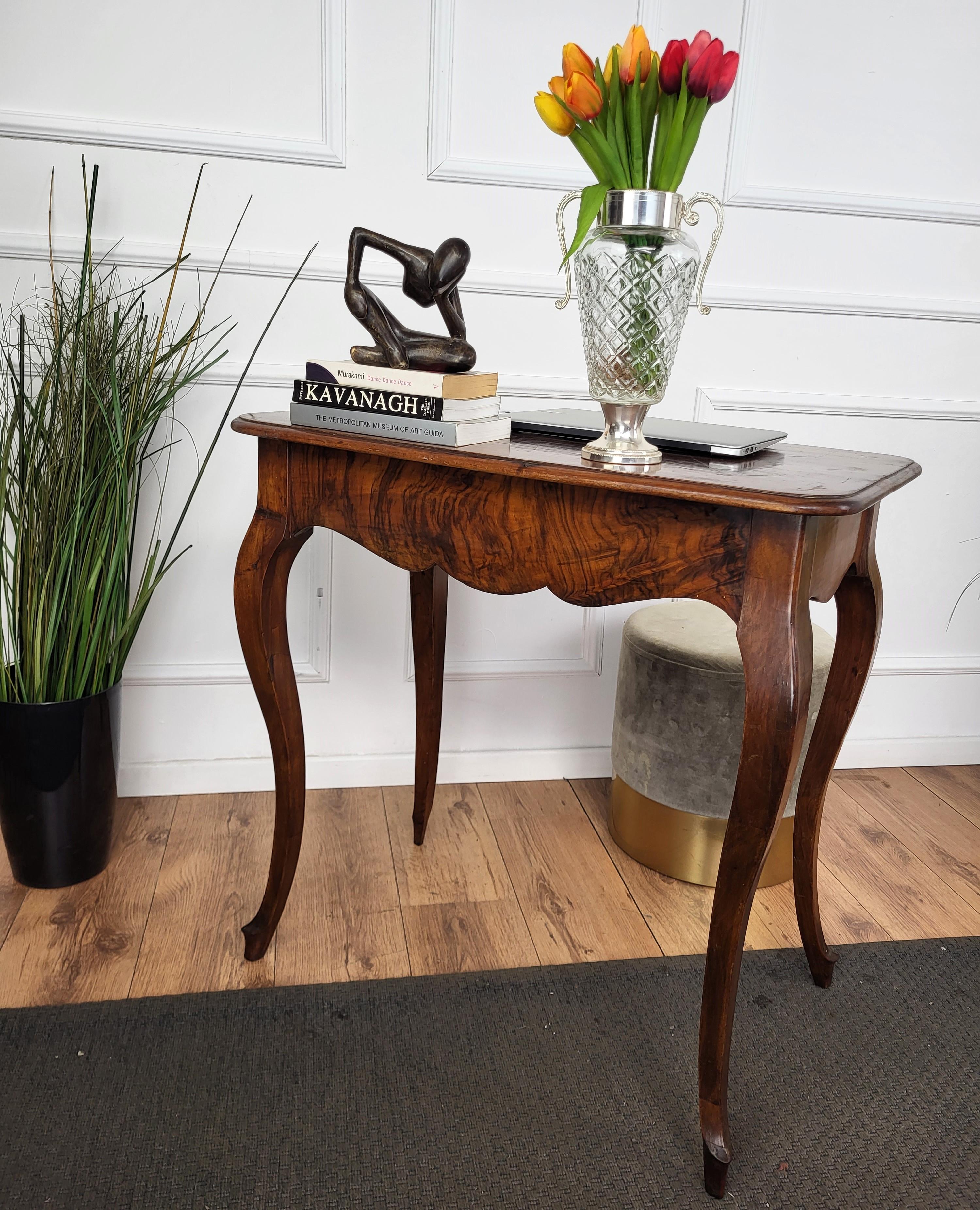 20th Century Antique Italian Walnut Desk Side Table with Cabriole Carved Legs For Sale