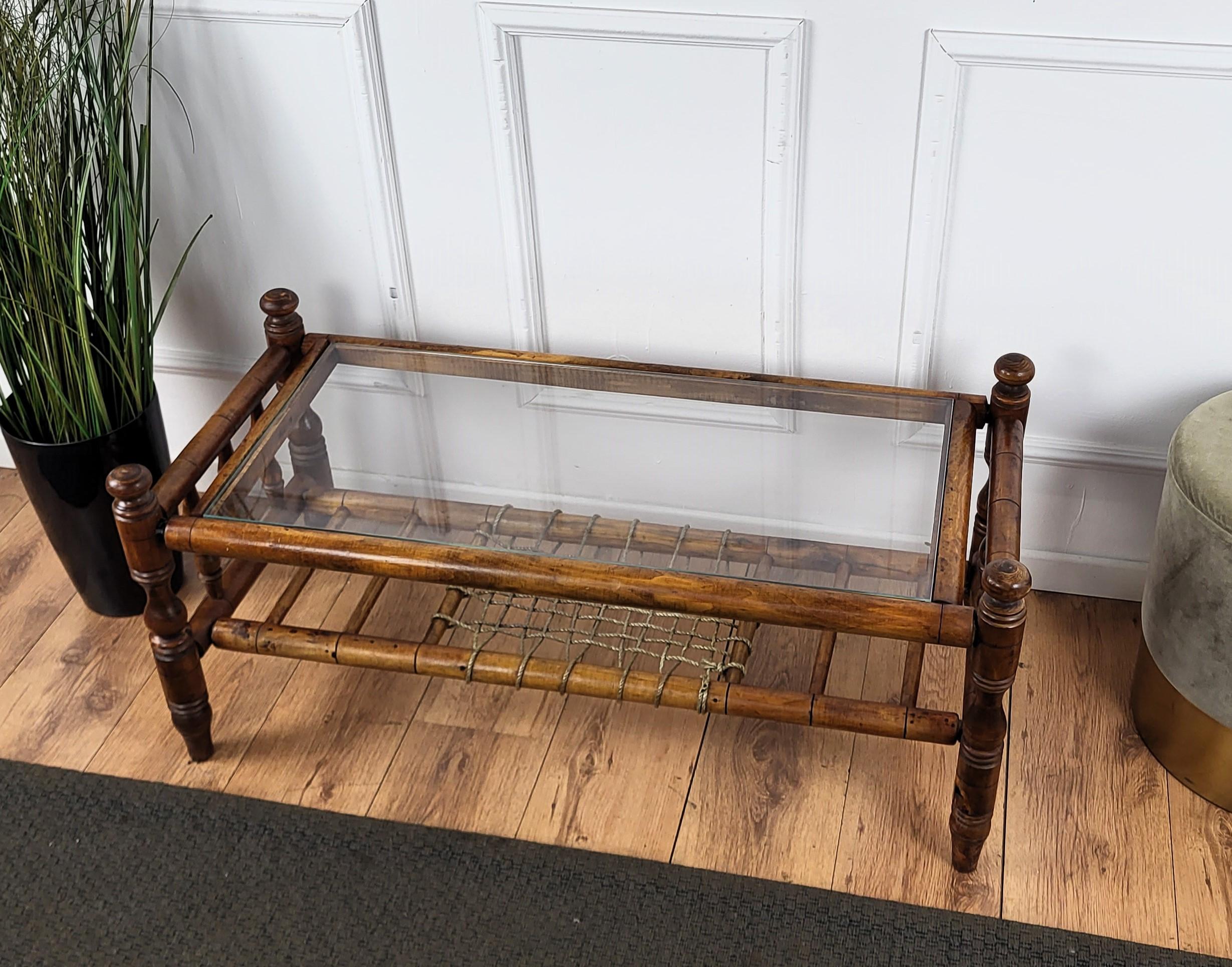 Wood Antique Italian Walnut Glass Top and Rope Carved Turned Coffee Table Side Table For Sale