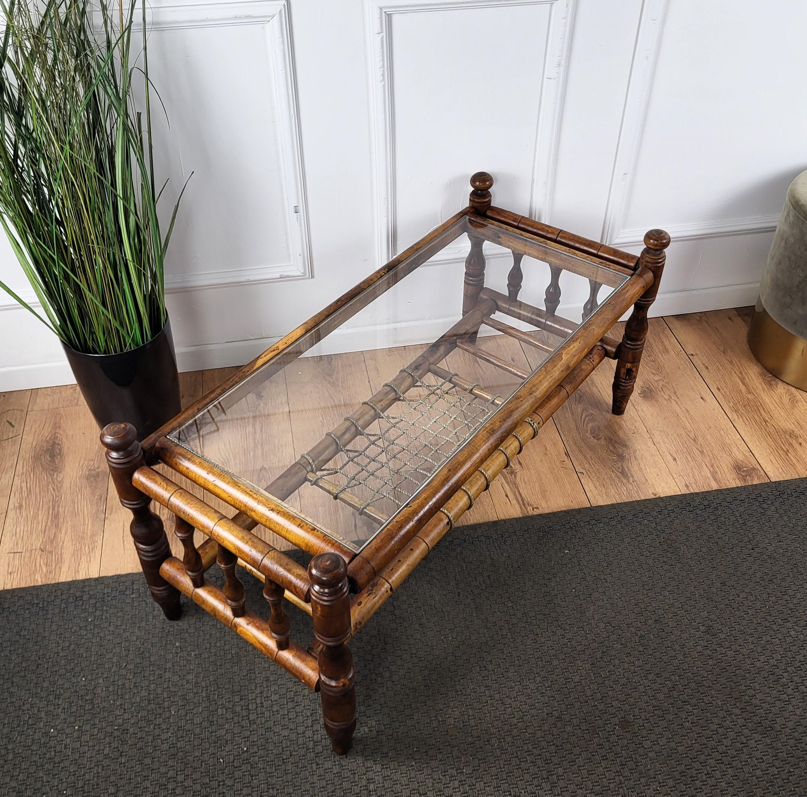 Antique Italian Walnut Glass Top and Rope Carved Turned Coffee Table Side Table For Sale 1