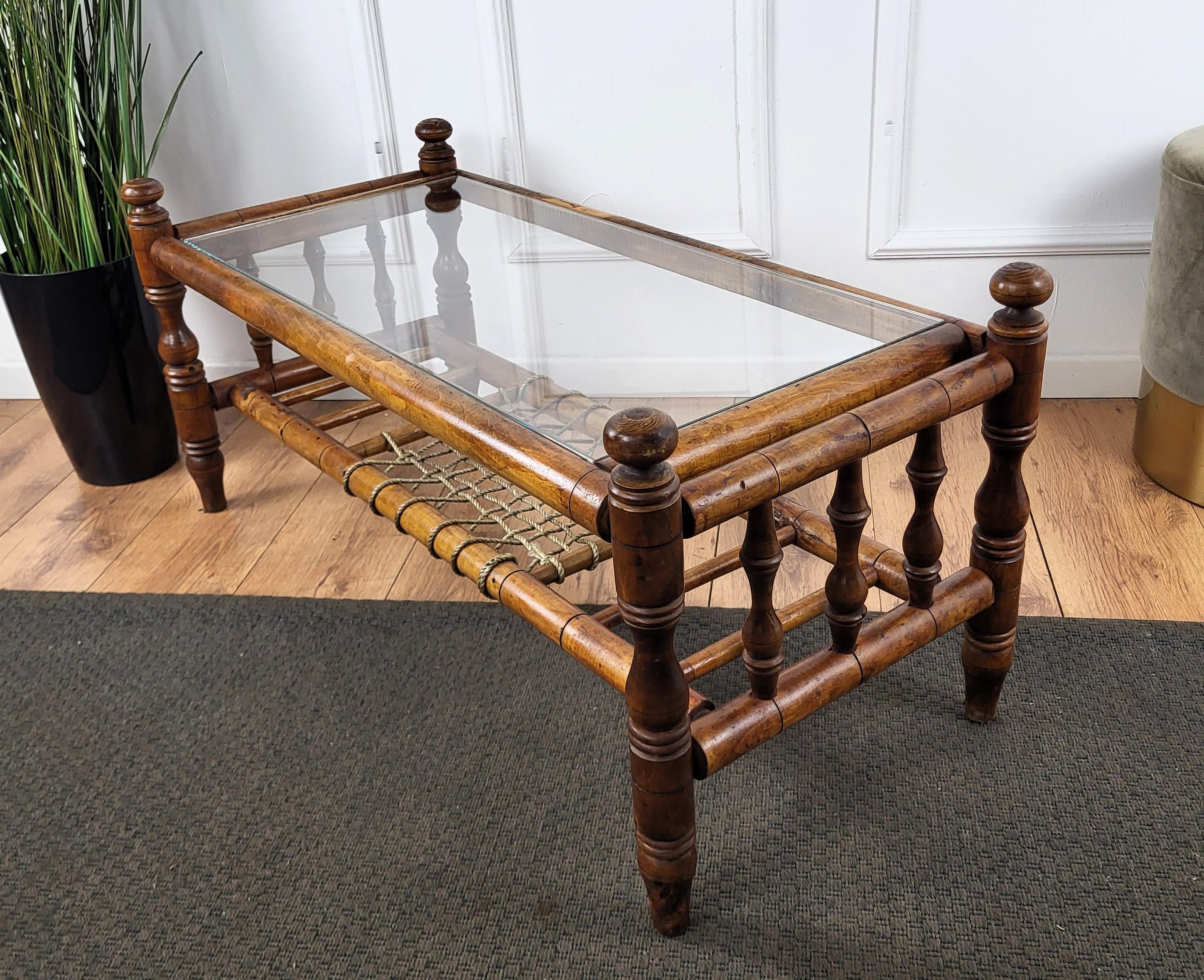 Antique Italian Walnut Glass Top and Rope Carved Turned Coffee Table Side Table For Sale 3
