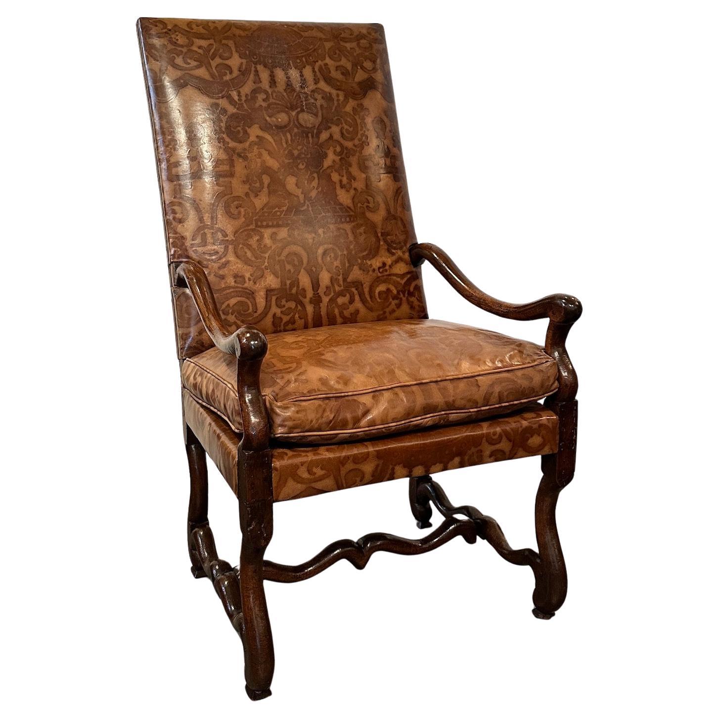 Antique Italian Walnut High Back Armchair with Patterned Leather Upholstery