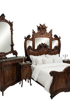 Antique Italian Walnut King Bedroom Set Art Nouveau Chateau Furniture