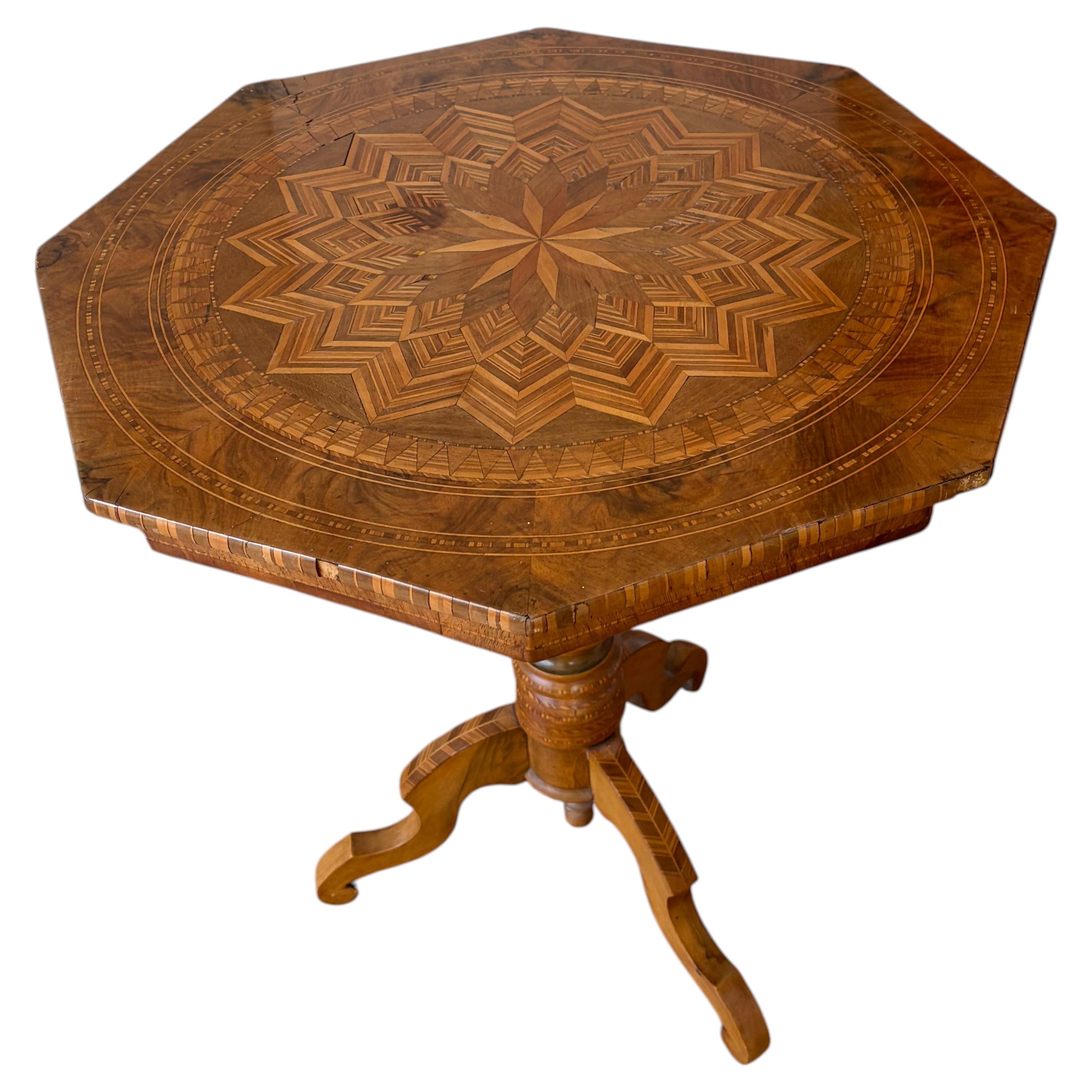 Antique Italian Walnut Maquetry Octaganal Pedestal Table