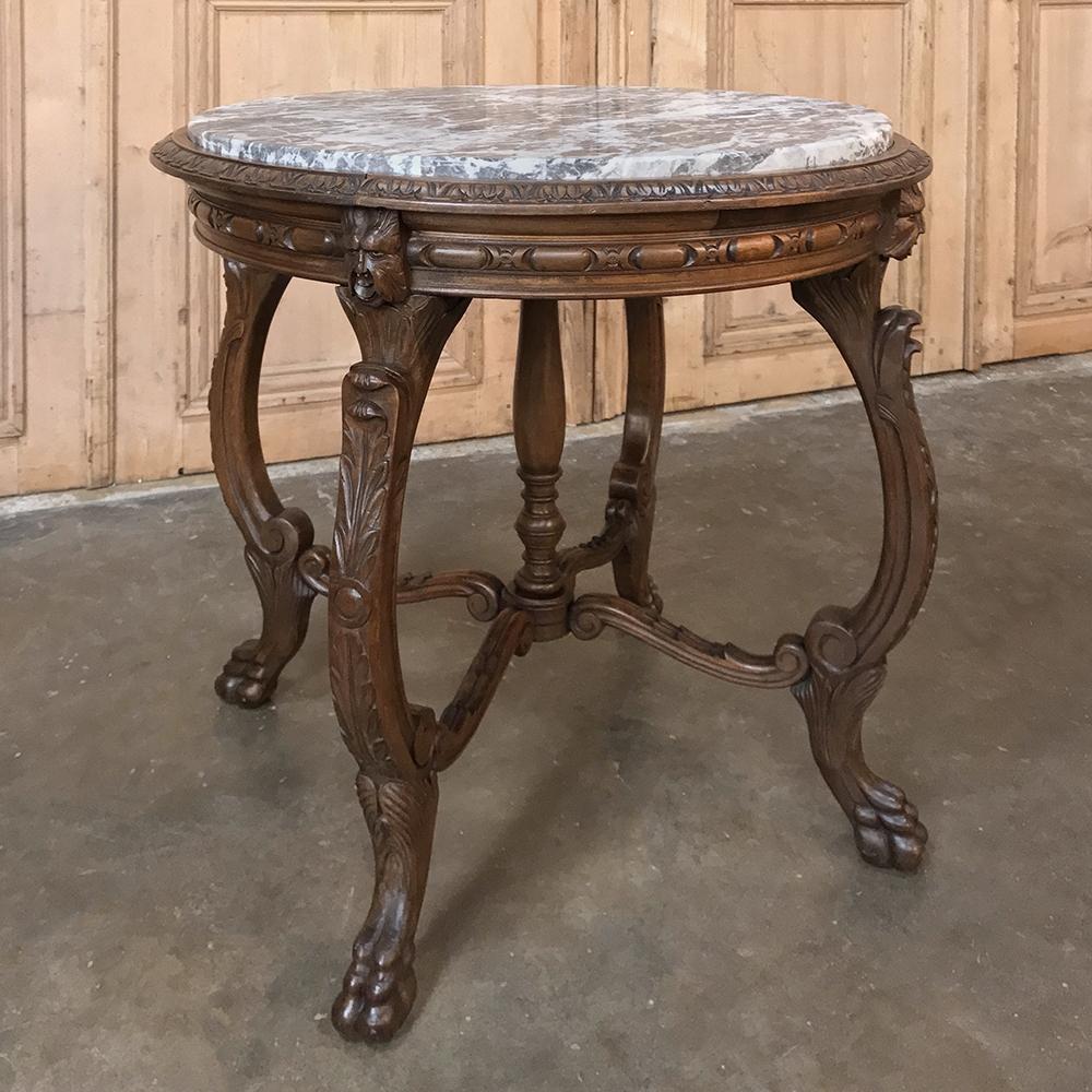 Renaissance Revival Antique Italian Walnut Marble Top Center Table
