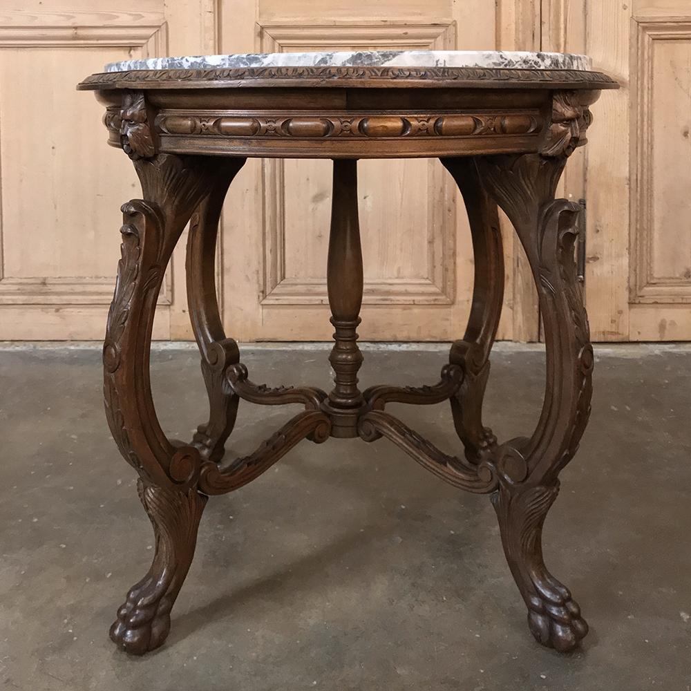 Hand-Carved Antique Italian Walnut Marble Top Center Table