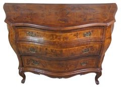 Antique Italian Walnut & Olive Wood Serpentine Bombe Commode Chest Dresser