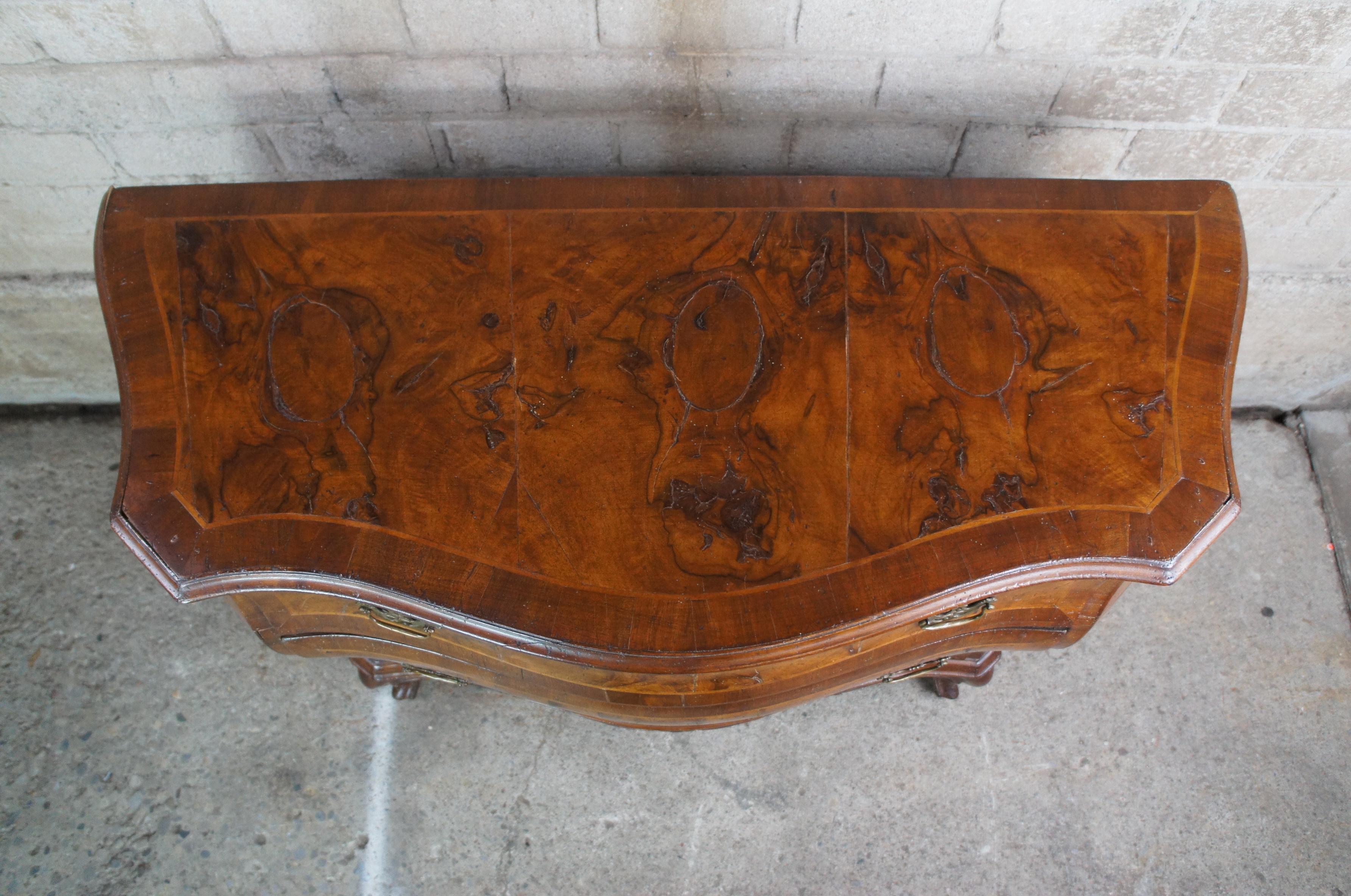 19th Century Antique Italian Walnut & Olive Wood Serpentine Bombe Commode Chest Dresser For Sale