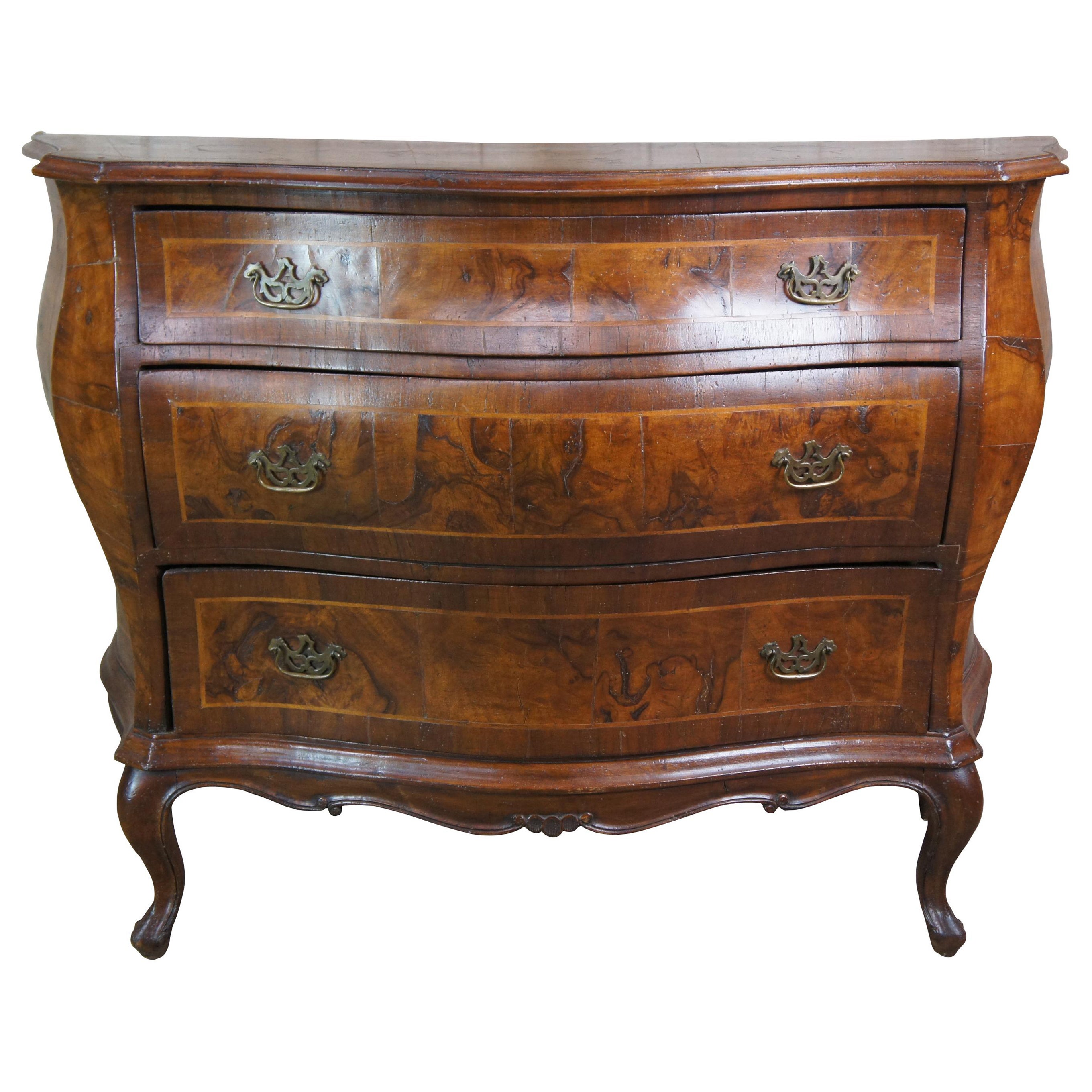 Antique Italian Walnut & Olive Wood Serpentine Bombe Commode Chest Dresser