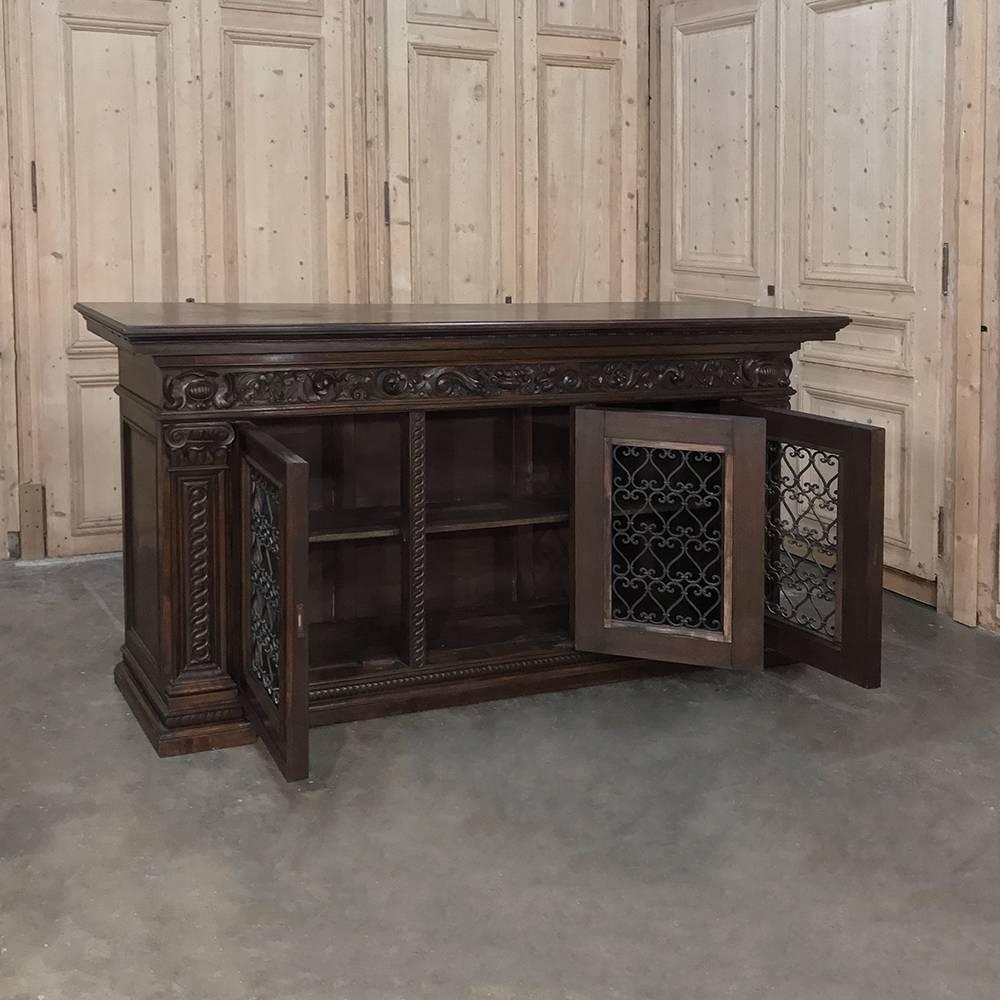 Hand-Carved Antique Italian Walnut Renaissance Buffet/Credenza, Bookcase with Wrought Iron