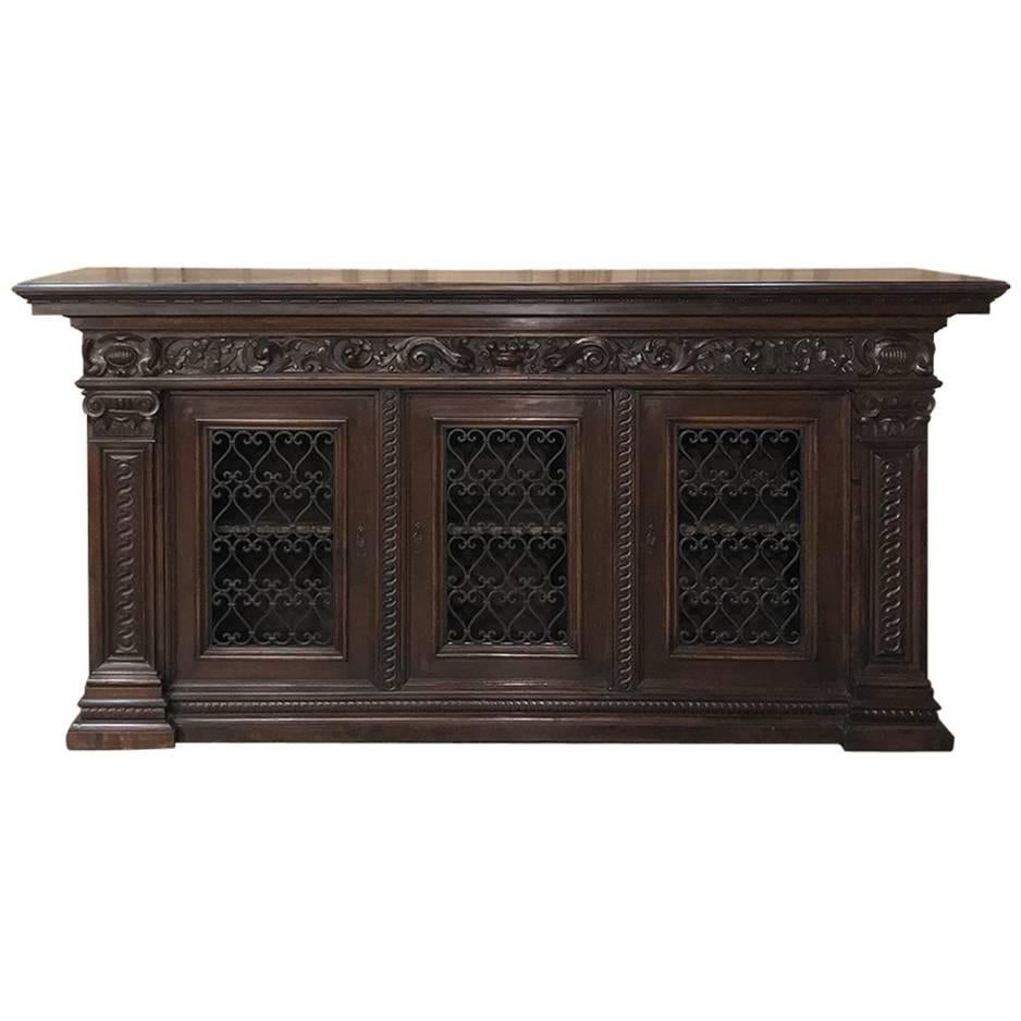 Antique Italian Walnut Renaissance Buffet/Credenza, Bookcase with Wrought Iron