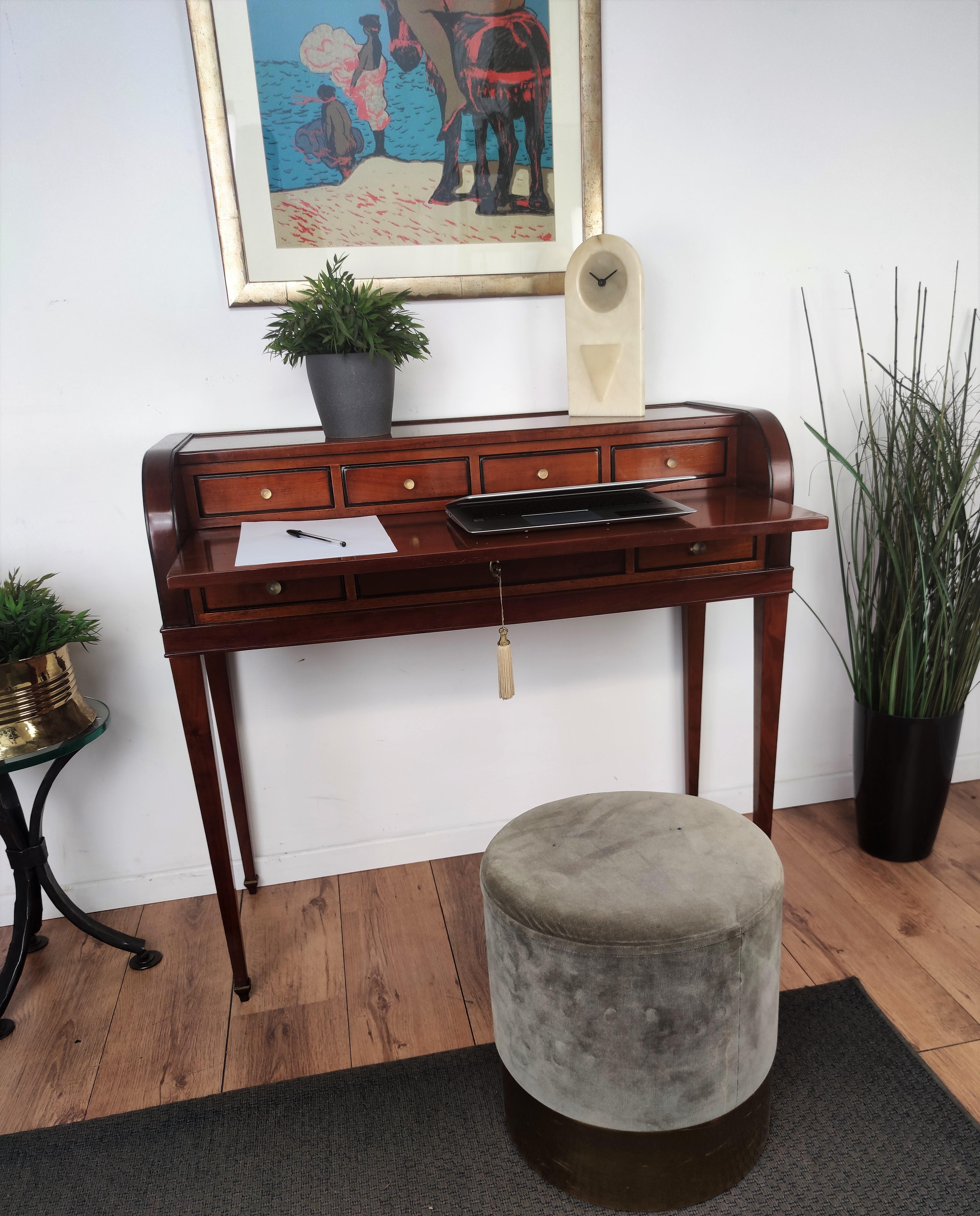 Very elegant and classic Italian walnut wood side desk console, writing table, secretary with sliding top-front. On the top level we have 4 smaller front drawers while under the sliding top, where we find the writing area when extended, a big