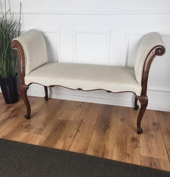 Antique Italian Walnut Wood Newly Upholstered Roll Arm Window Seat Bench