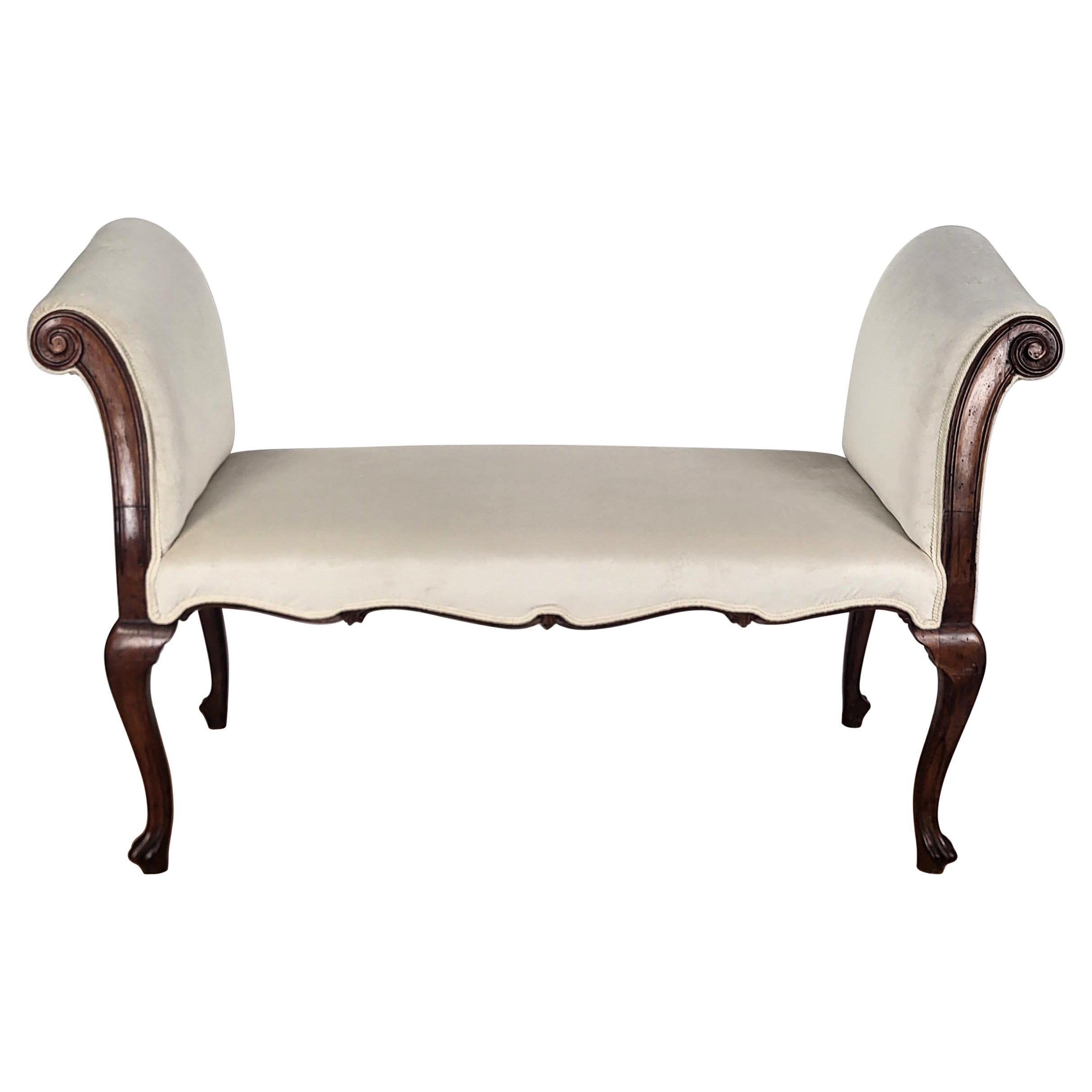 Antique Italian Walnut Wood Newly Upholstered Roll Arm Window Seat Bench