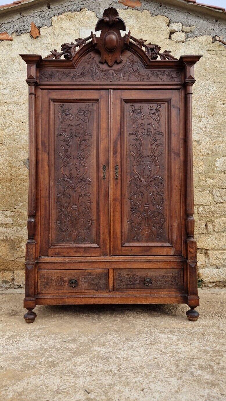 Antique Italian Wardrobe Double Door European Armoire Solid Walnut 19th
