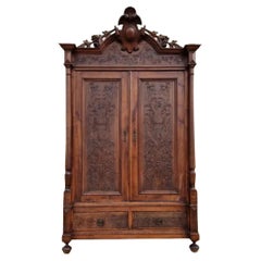 Antique Italian Wardrobe Double Door European Armoire Solid Walnut 19th Century