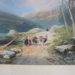 Antique Italian Watercolor Landscape Scene With Ebonized Walnut Frame C1890