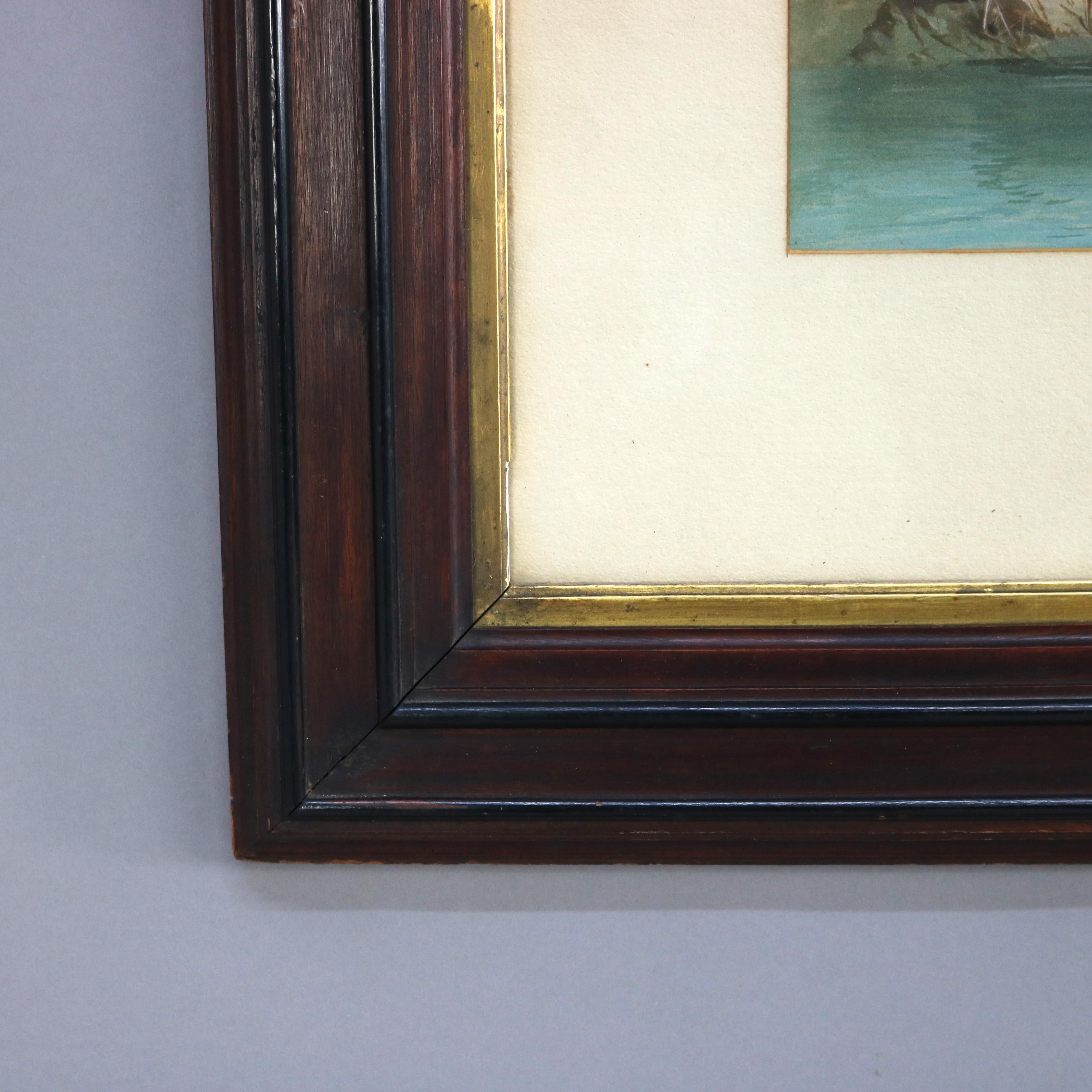 Scène de paysage à l'aquarelle italienne ancienne avec cadre en noyer ébonisé C1890 Bon état - En vente à Big Flats, NY