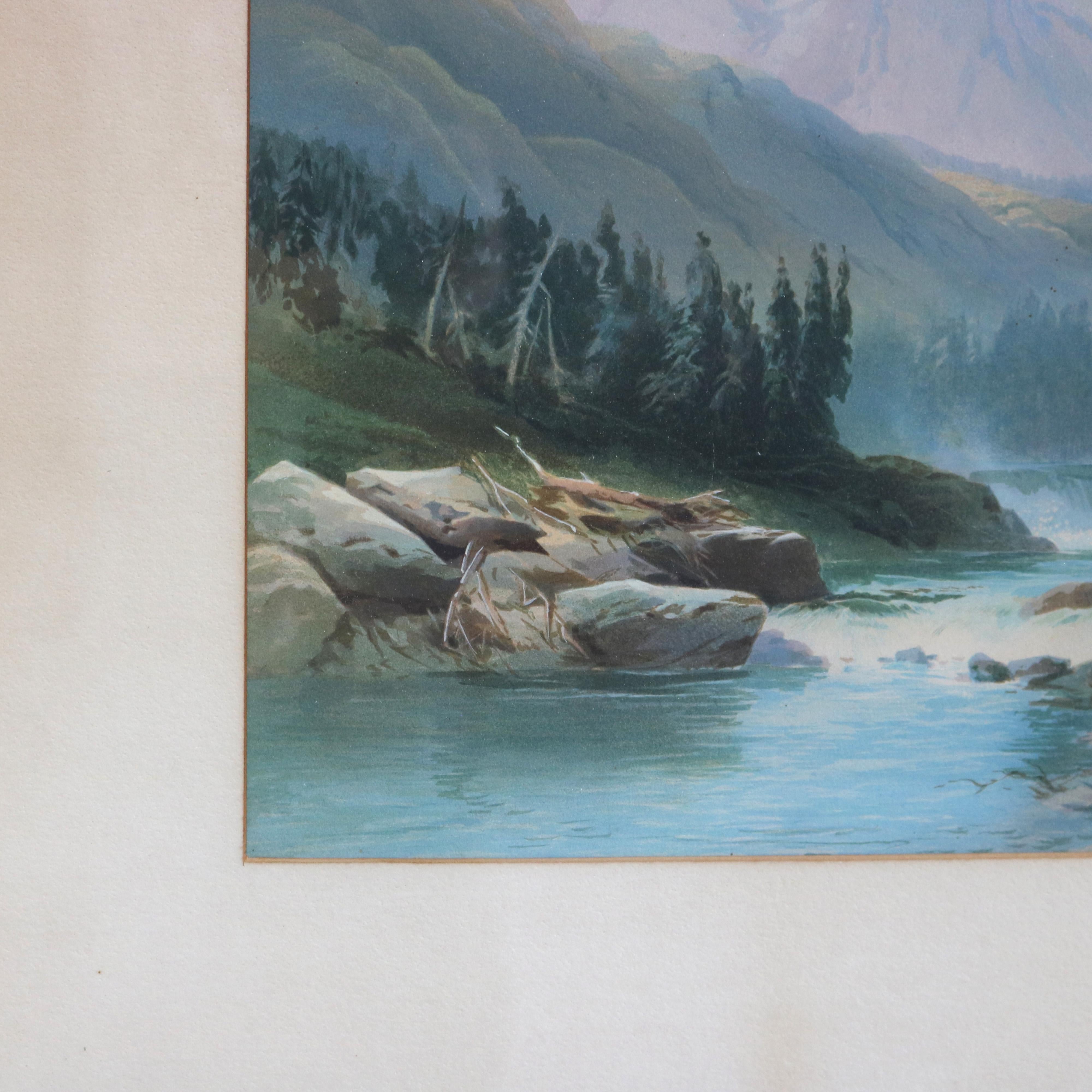 XIXe siècle Scène de paysage à l'aquarelle italienne ancienne avec cadre en noyer ébonisé C1890 en vente