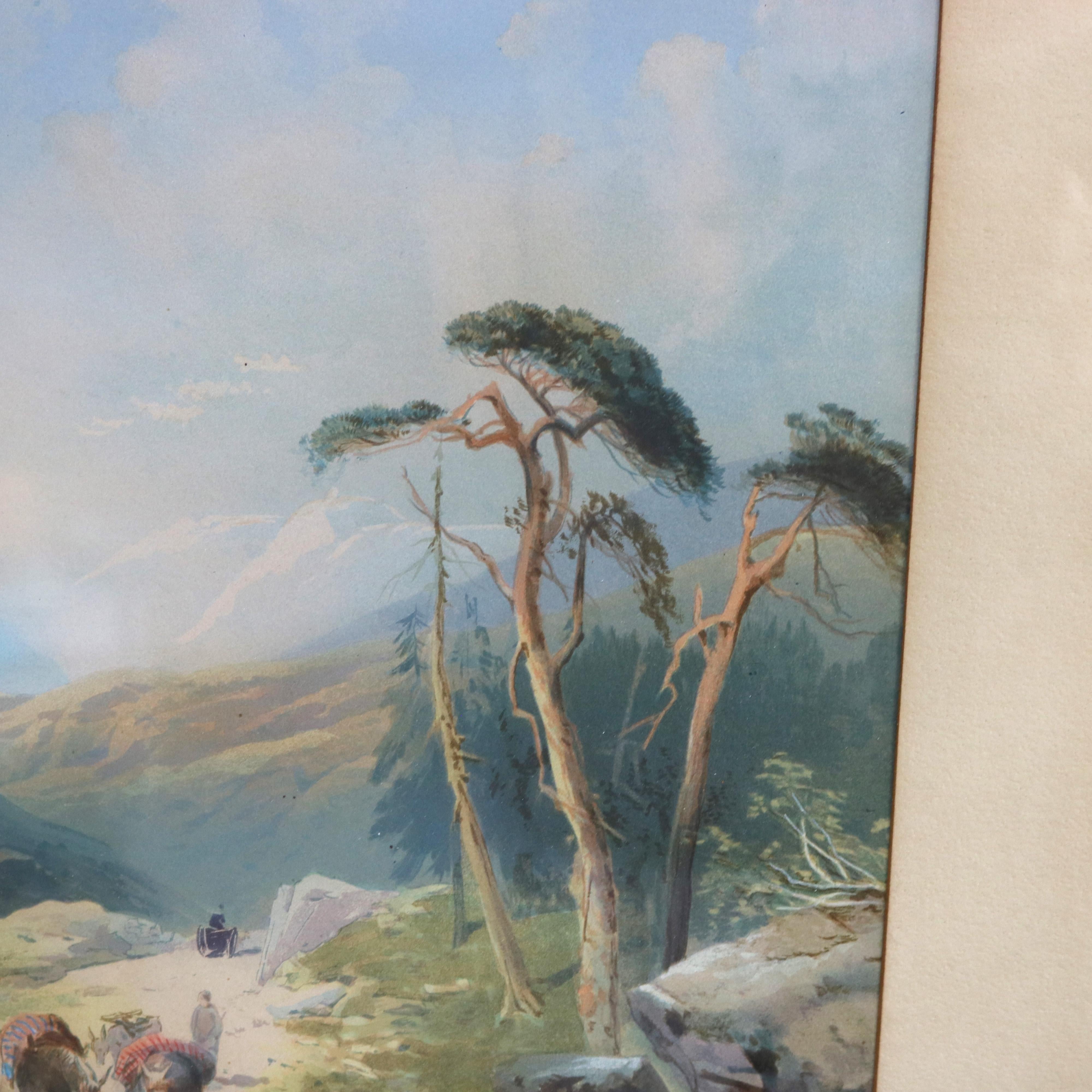 Papier Scène de paysage à l'aquarelle italienne ancienne avec cadre en noyer ébonisé C1890 en vente