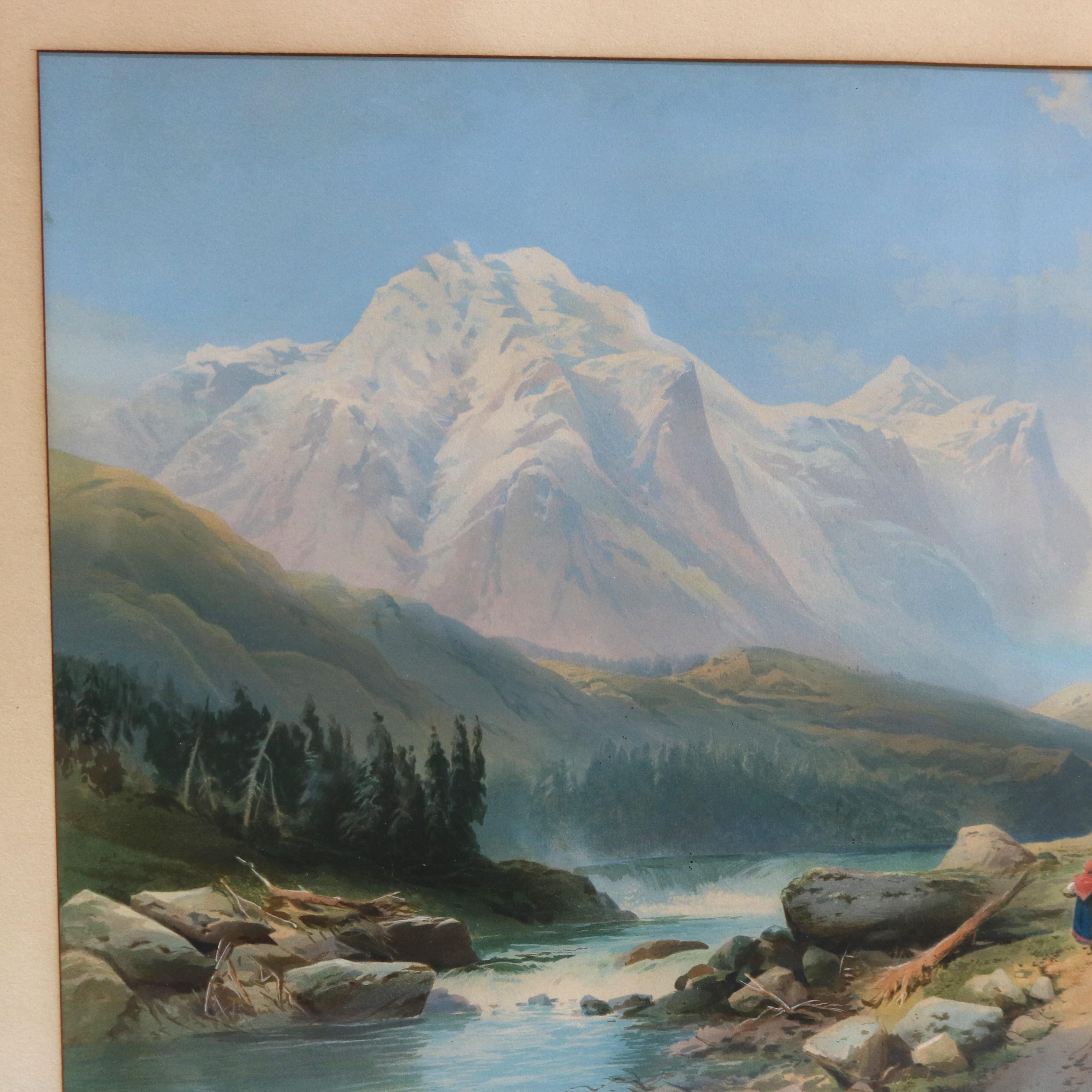 Scène de paysage à l'aquarelle italienne ancienne avec cadre en noyer ébonisé C1890 en vente 1