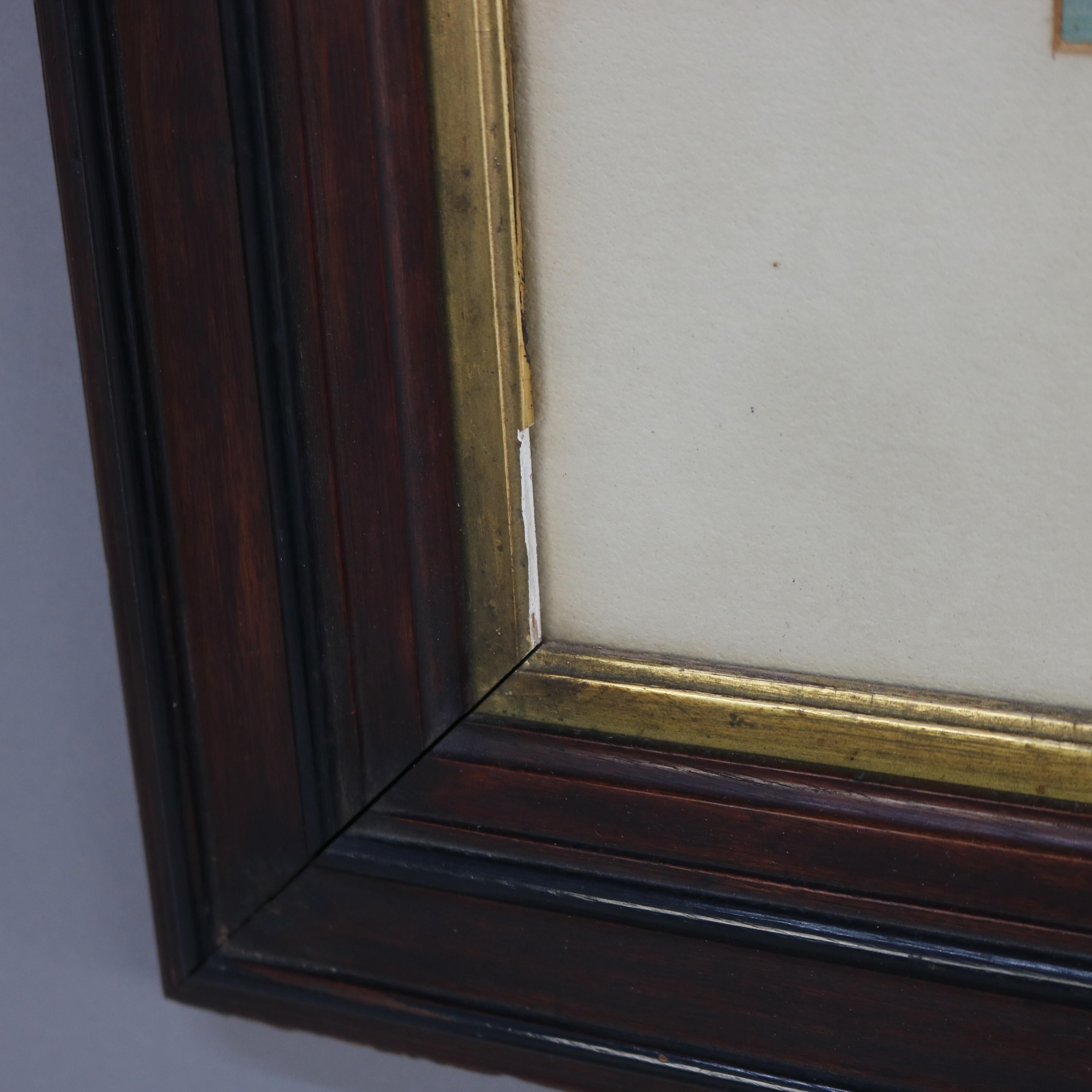 Scène de paysage à l'aquarelle italienne ancienne avec cadre en noyer ébonisé C1890 en vente 3
