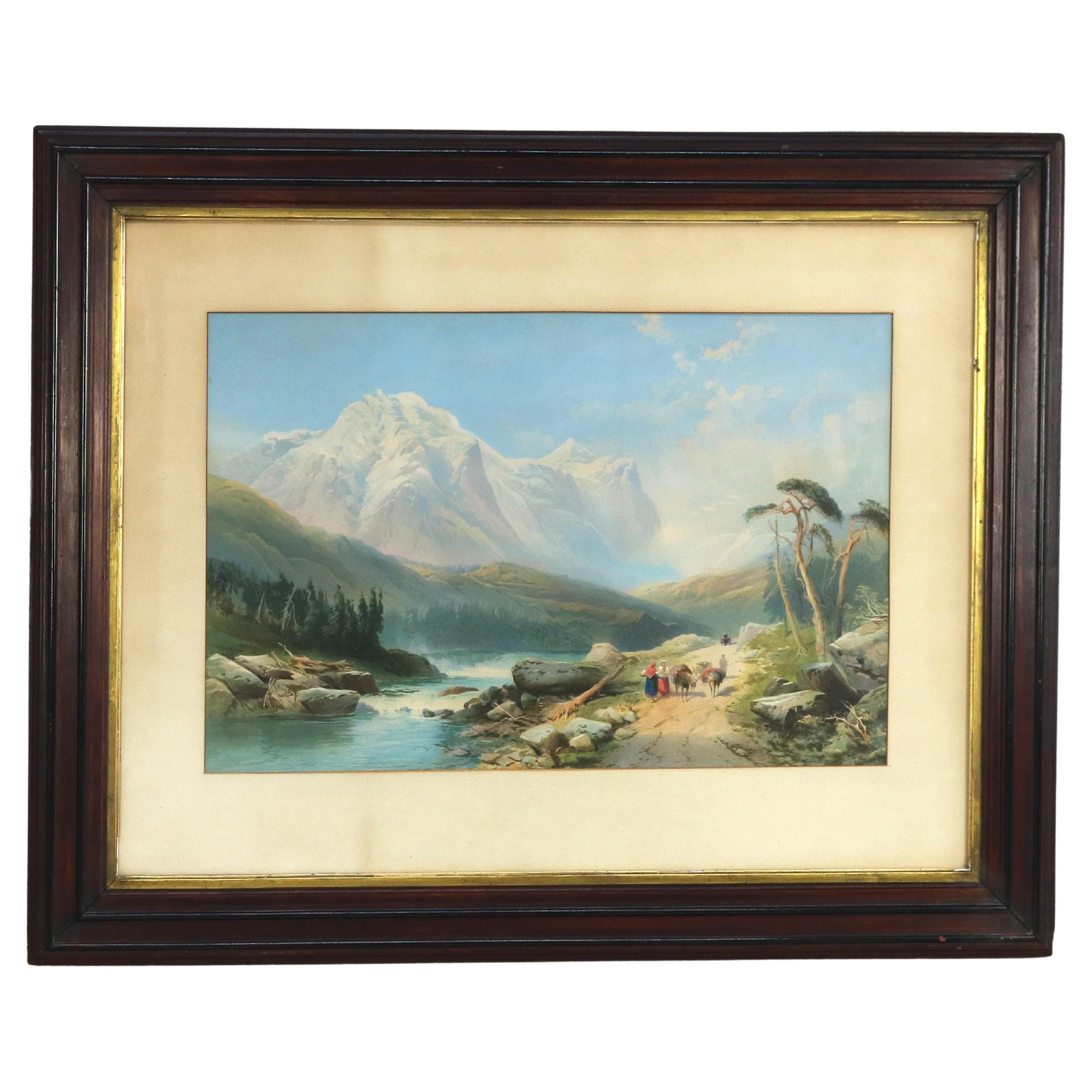 Antigua escena de paisaje en acuarela italiana con marco de nogal ebonizado C1890