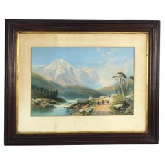Scène de paysage à l'aquarelle italienne ancienne avec cadre en noyer ébonisé C1890