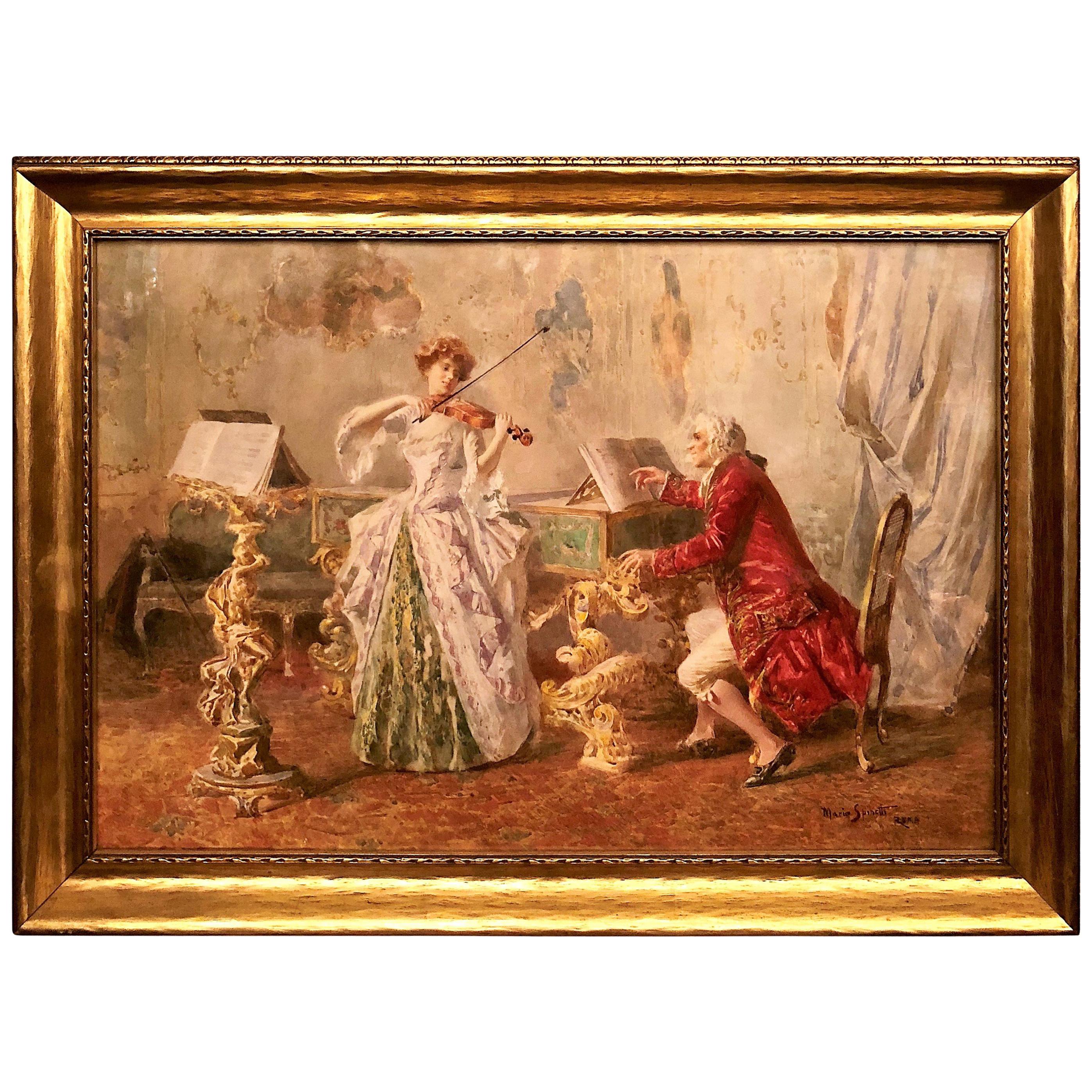 Antique Italian Framed Watercolor Painting Signed by Mario Spinetti, (1848-1925)