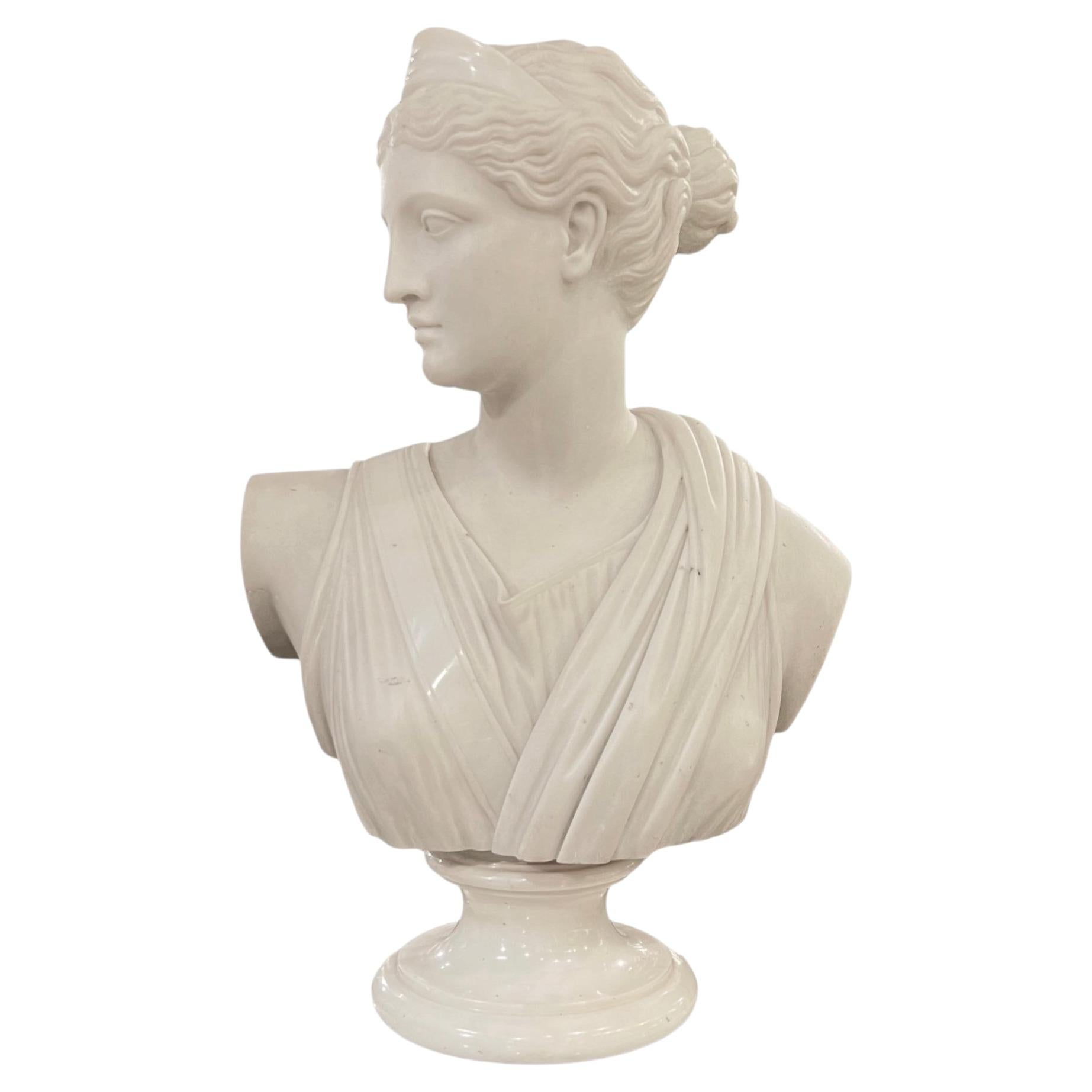 Antique Italian White Marble Bust of Diana the Huntress