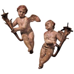 Antique Italian Winged Putti with Torch Prickets