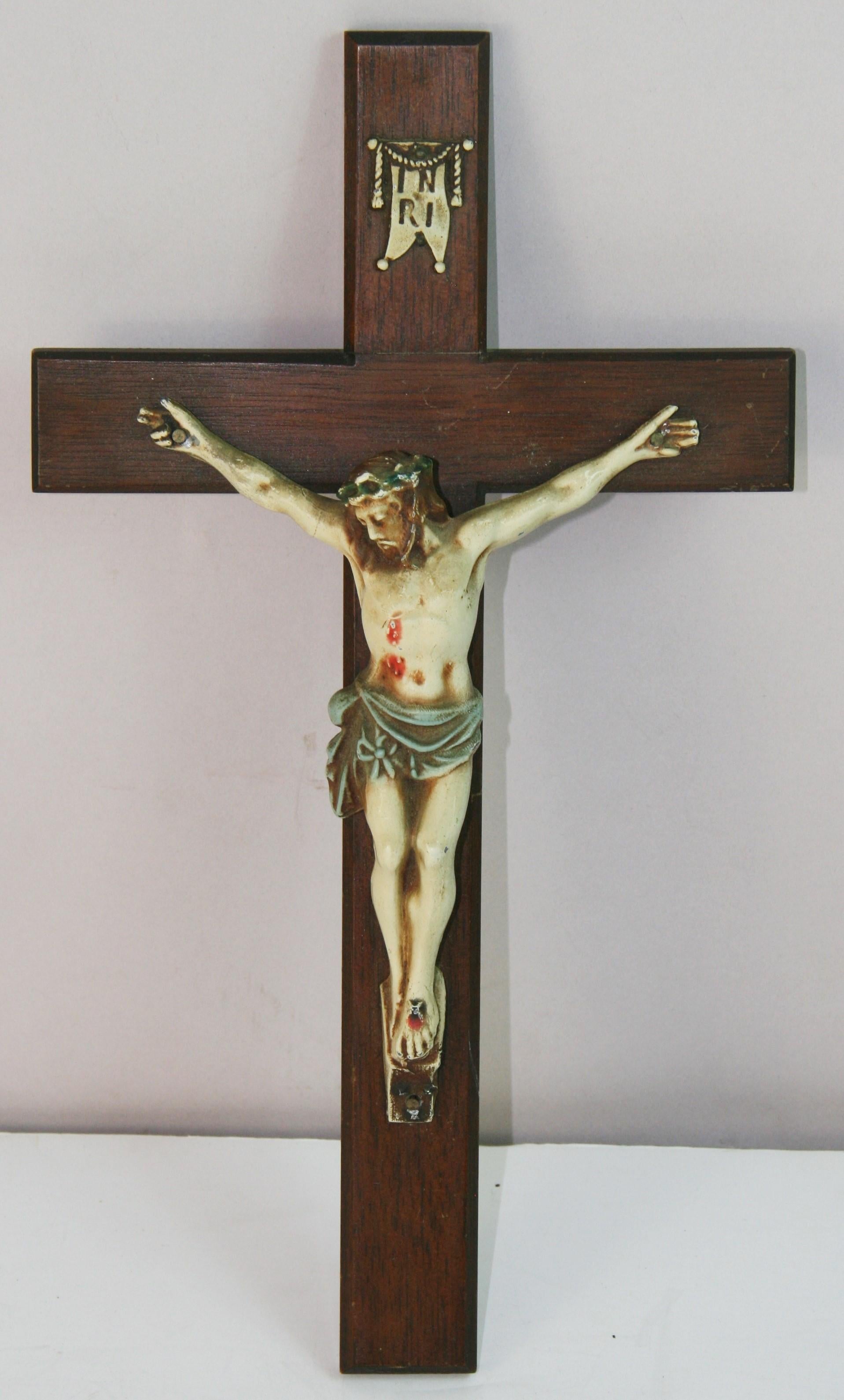 1842 Antique Itaian wood and painted metal crucifix