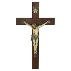 Antique Italian Wood and Handpainted Metal Crucifix
