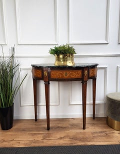 Antique Italian Wood Inlay Marquetry Demilune Console Table with Marble Top