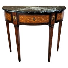 Antique Italian Wood Inlay Marquetry Demilune Console Table with Marble Top