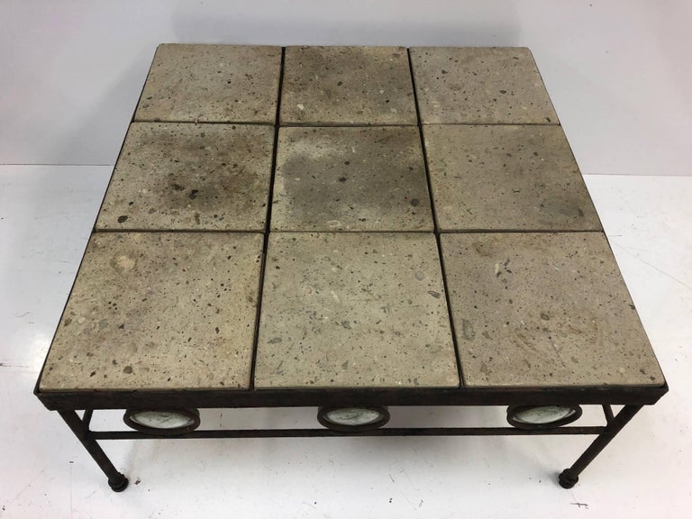 Antique, Italian Wrought iron framed coffee table with nine stone inserts to the top and glass circular accents to the sides. Perfect for a garden. Can be used in or outdoor.