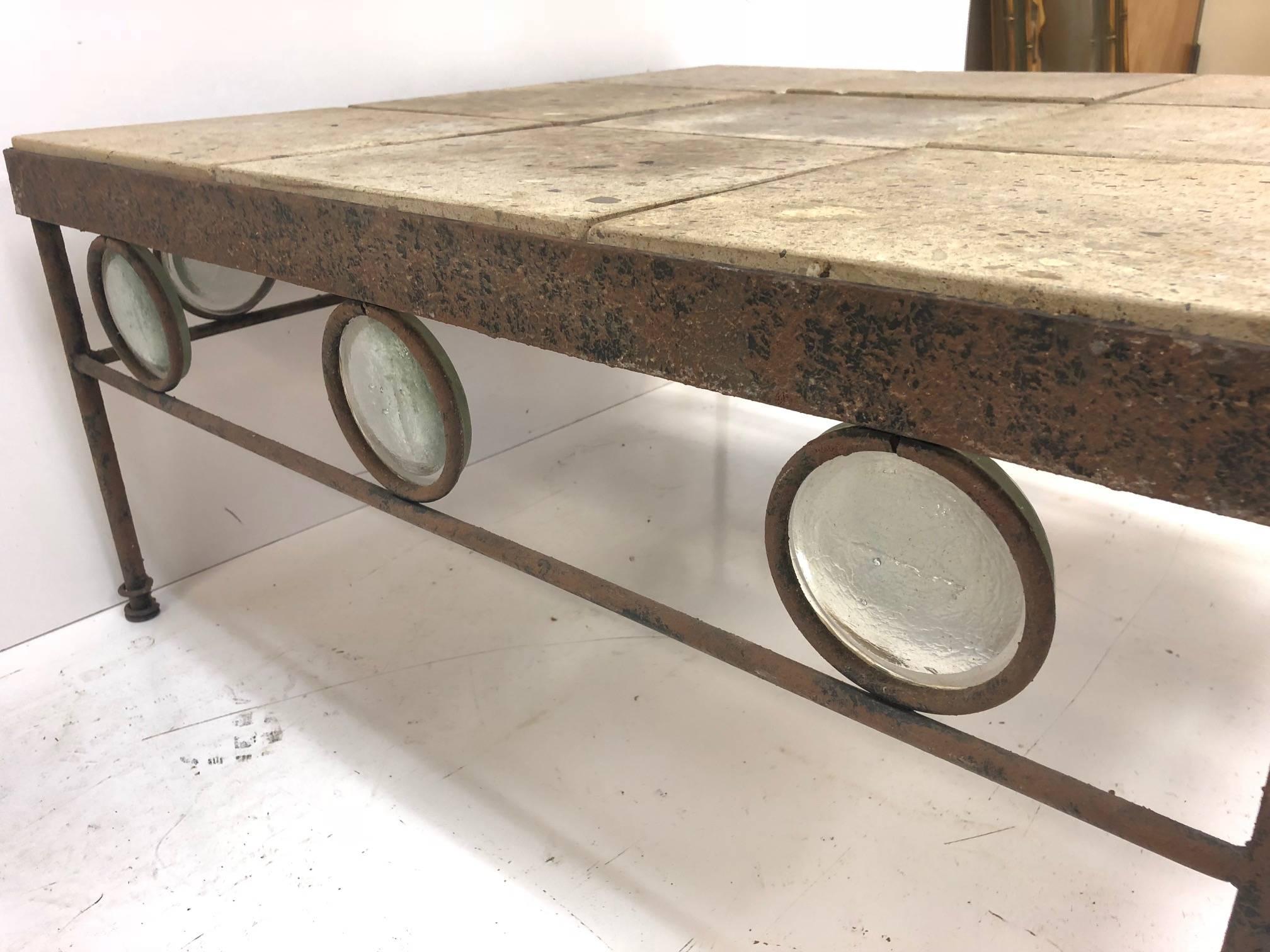 Mid-Century Modern Antique, Italian Wrought Iron and Stone Top Coffee Table