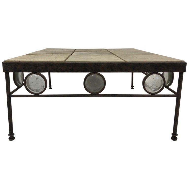Antique, Italian Wrought Iron and Stone Top Coffee Table