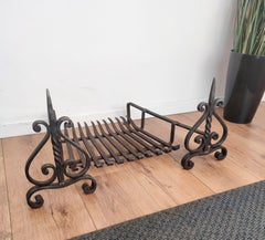 Antique Italian Wrought Iron Andirons and Fire Grate Fireplace Log Holder