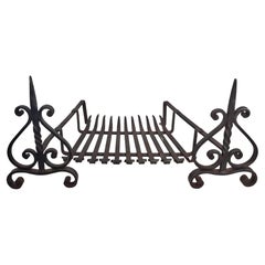 Antique Italian Wrought Iron Andirons and Fire Grate Fireplace Log Holder
