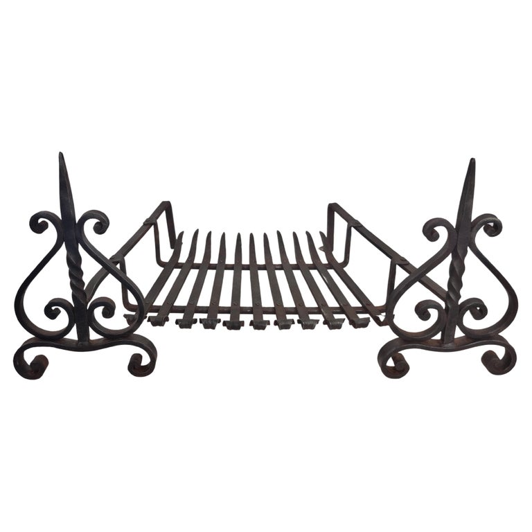 Antique Italian Wrought Iron Andirons and Fire Grate Fireplace Log