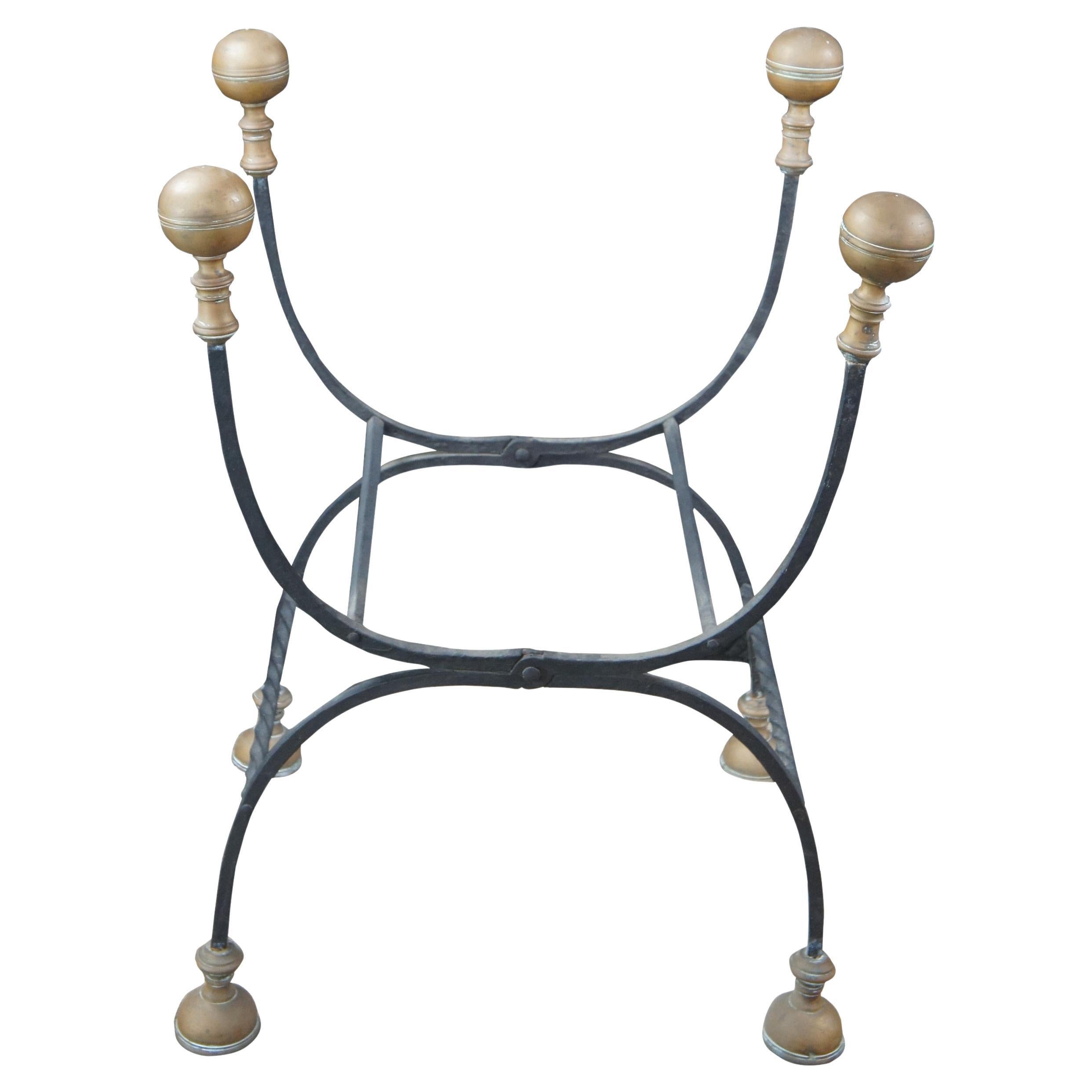 Antique Italian Wrought Iron & Brass Savonarola Curule Chair Folding Stool
