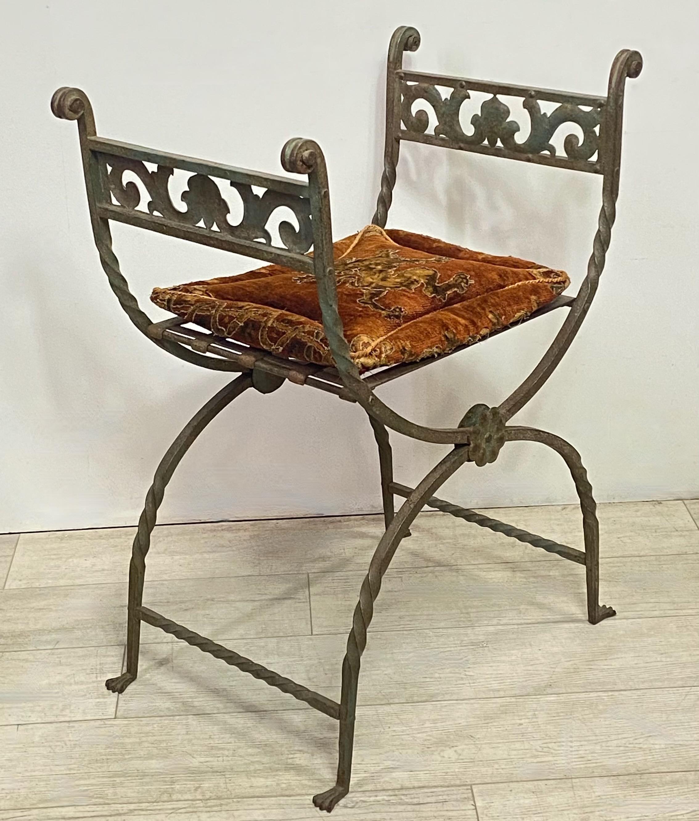 Renaissance Antique Italian Wrought Iron Curule Style Stool or Chair, 19th Century