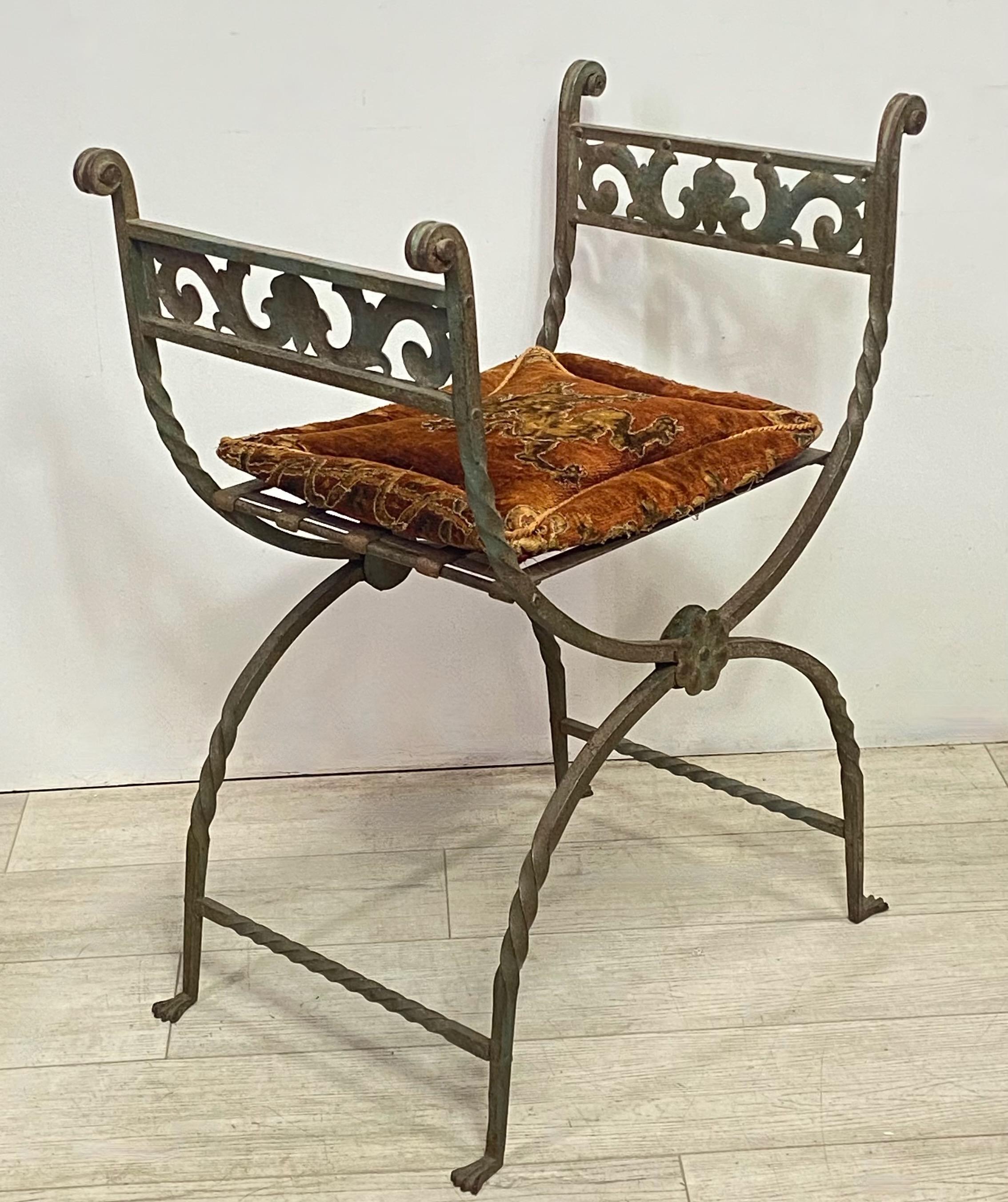 Hand-Crafted Antique Italian Wrought Iron Curule Style Stool or Chair, 19th Century