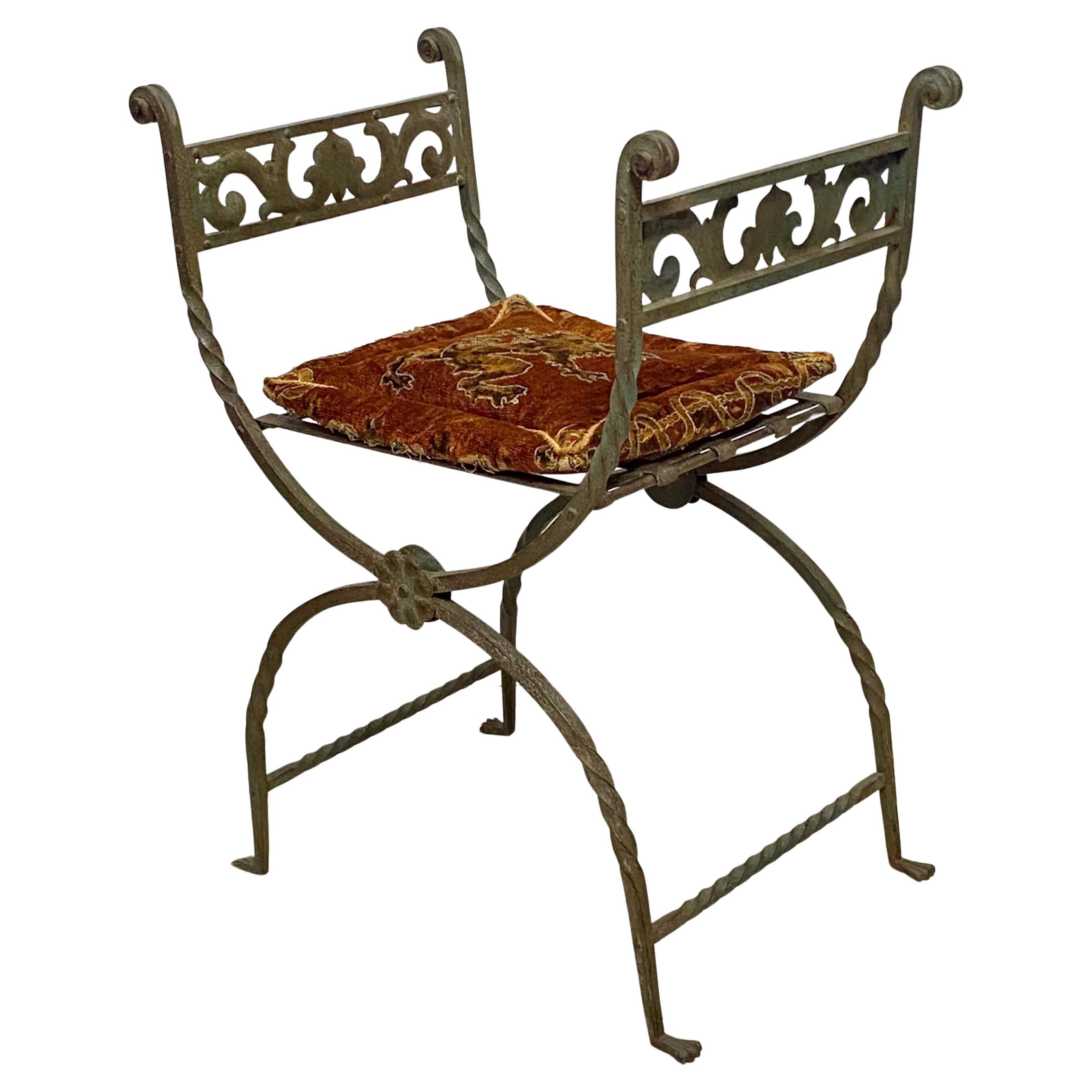 Antique Italian Wrought Iron Curule Style Stool or Chair, 19th Century