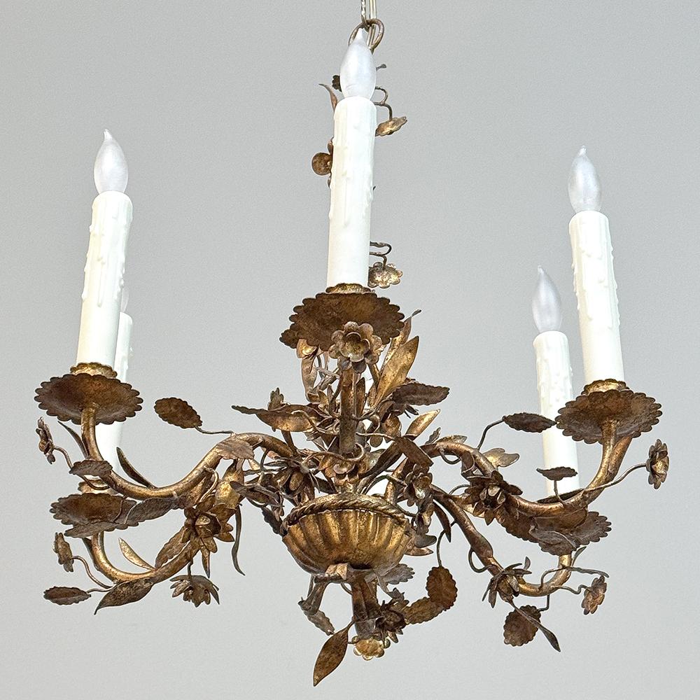 Hand-Crafted Antique Italian Wrought Iron Gilded Chandelier For Sale