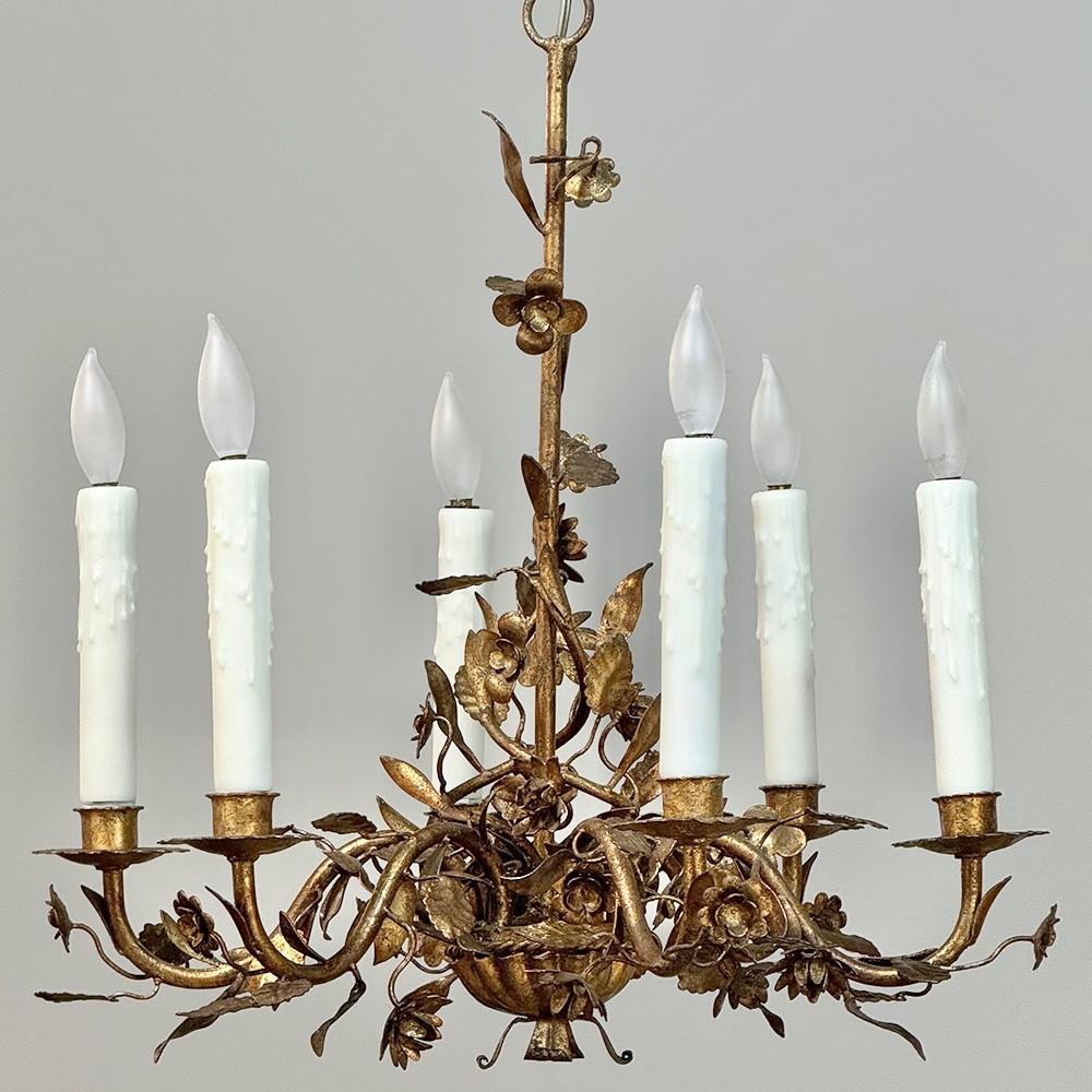 Antique Italian Wrought Iron Gilded Chandelier In Good Condition For Sale In Dallas, TX