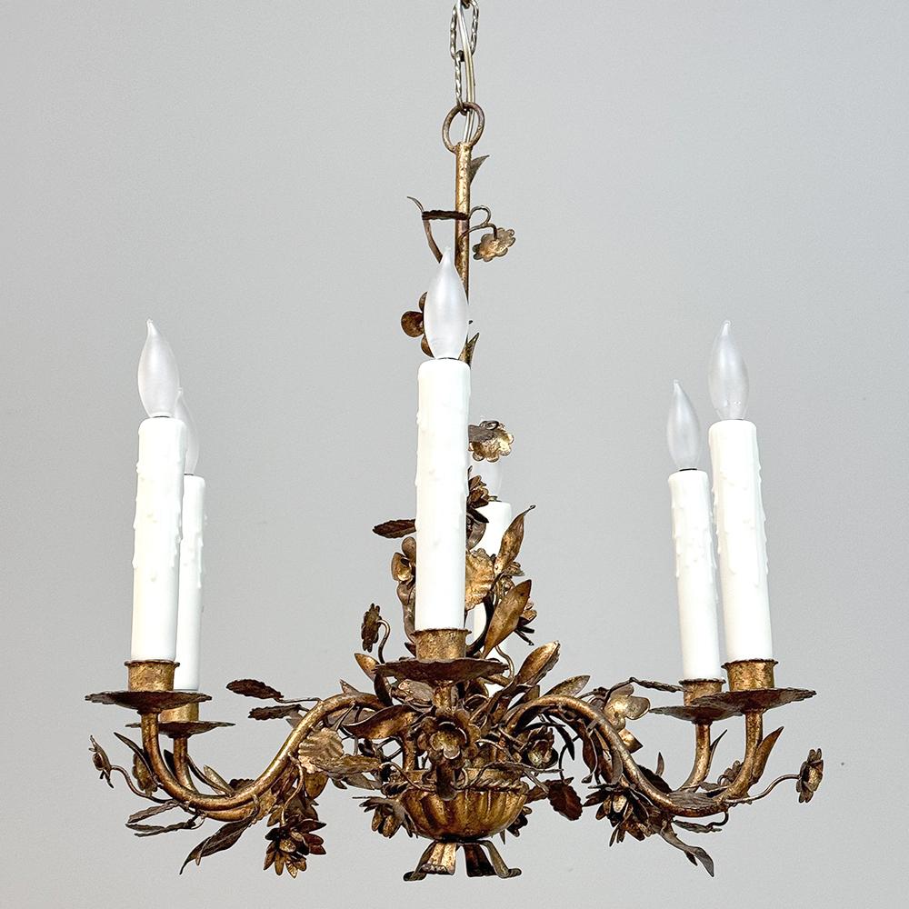 20th Century Antique Italian Wrought Iron Gilded Chandelier For Sale