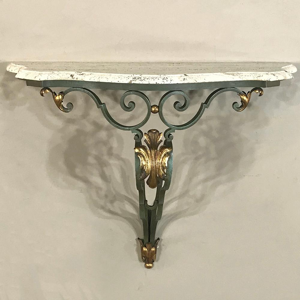 Hand-Crafted Antique Italian Wrought Iron and Travertine Console