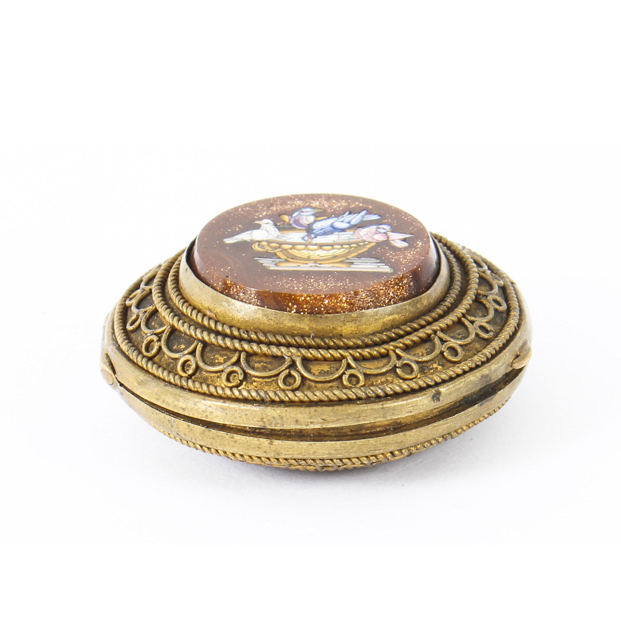 Late 19th Century Antique Italianate Micromosaic Round Ormolu Pill Box the Pliny's Doves