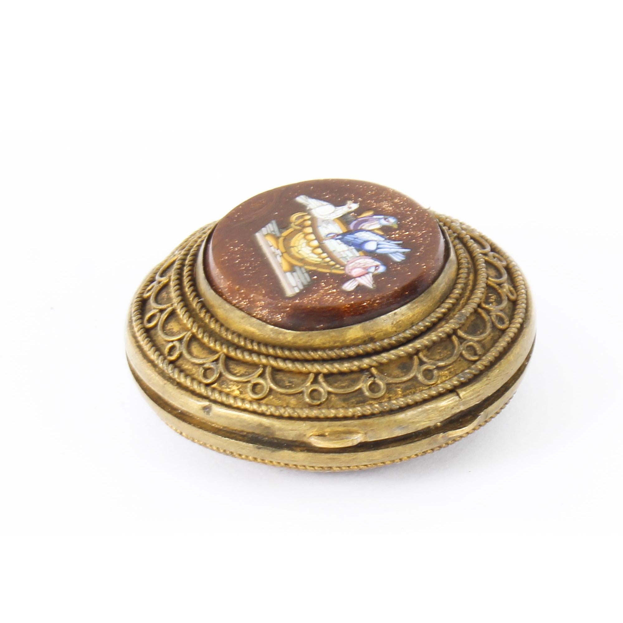 Antique Italianate Micromosaic Round Ormolu Pill Box the Pliny's Doves 1